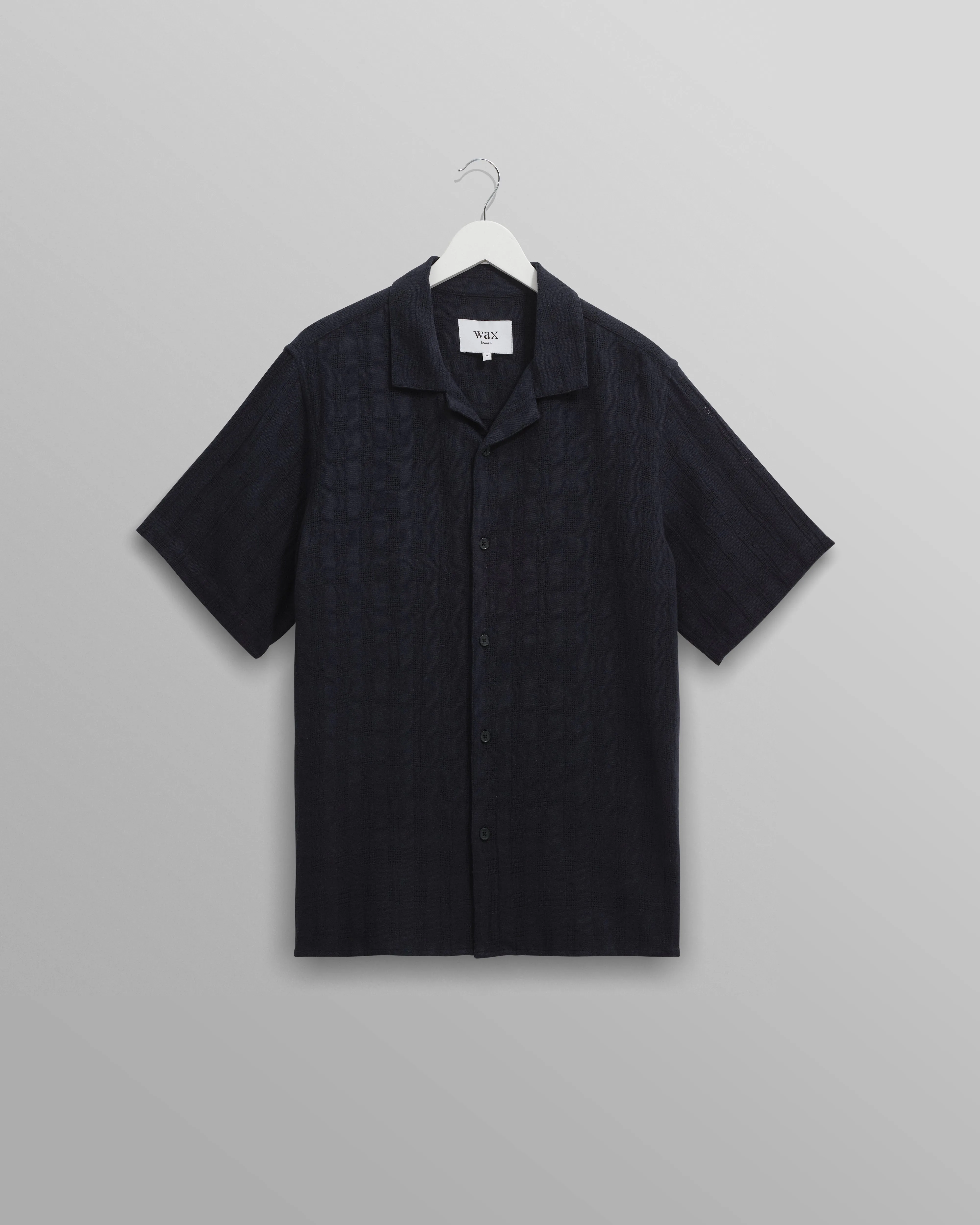 Didcot - Navy Open Weave Cotton Short-Sleeve Shirt sold by Wax London