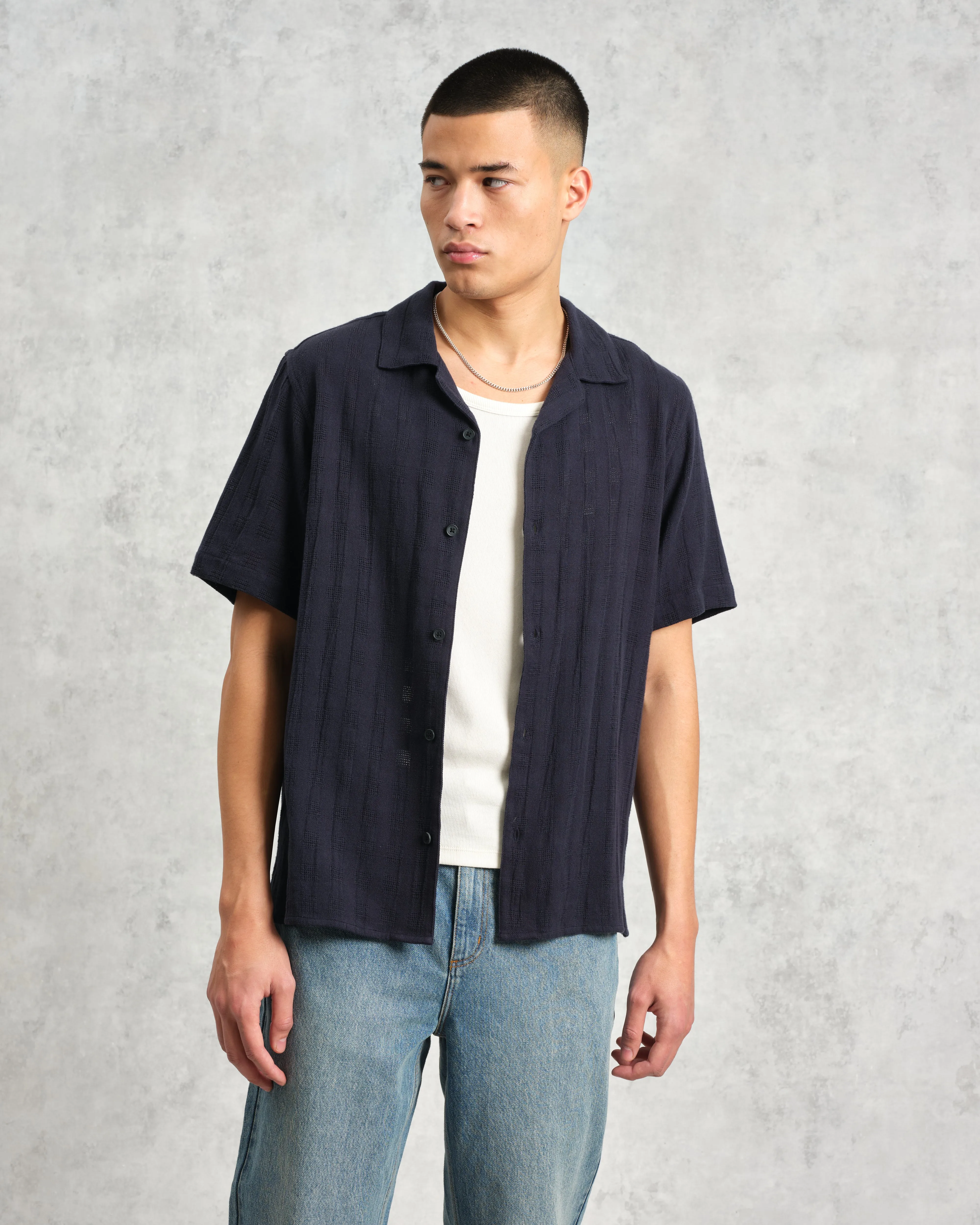 Didcot - Navy Open Weave Cotton Short-Sleeve Shirt sold by Wax London product image thumbnail 2
