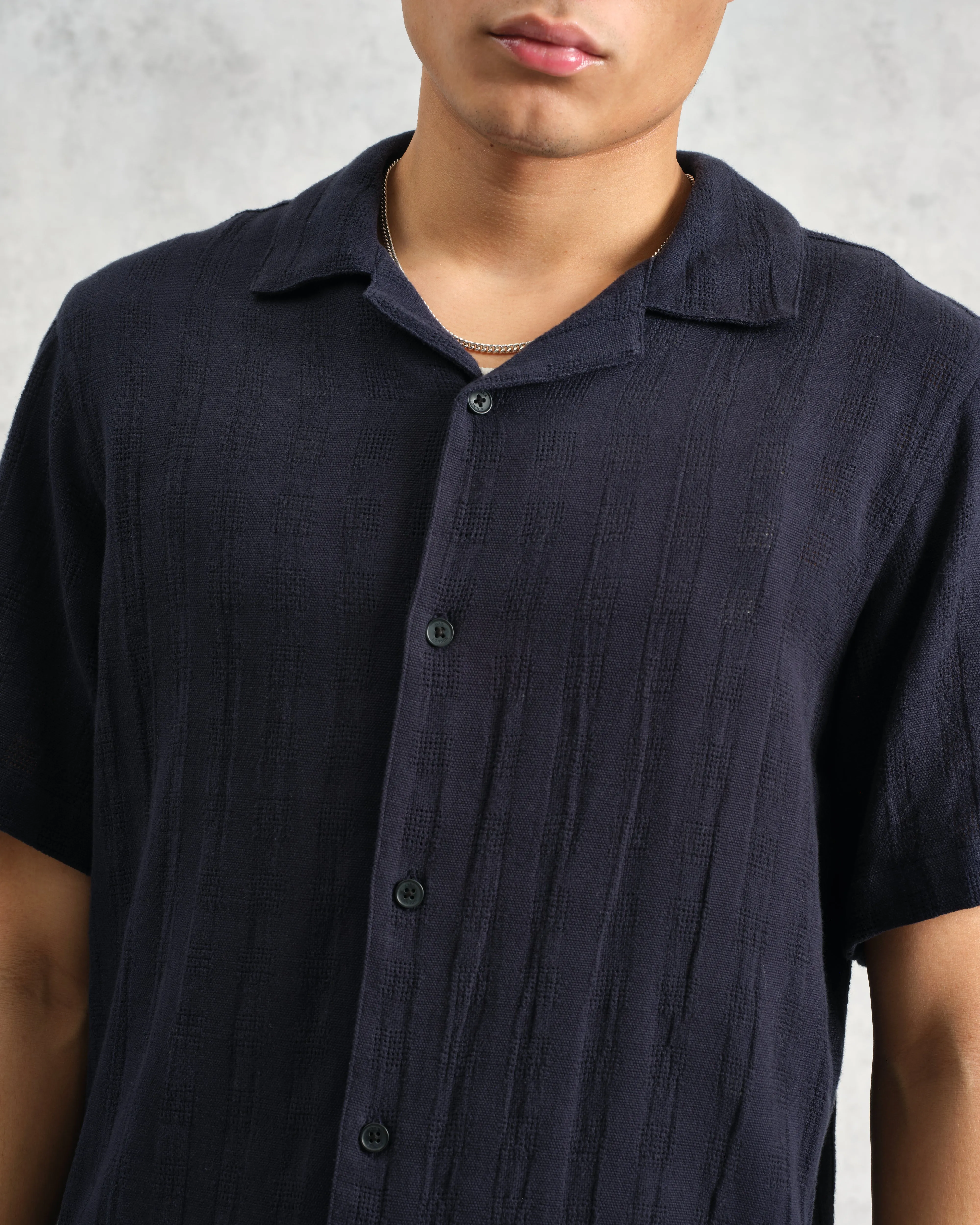 Didcot - Navy Open Weave Cotton Short-Sleeve Shirt sold by Wax London product image thumbnail 3