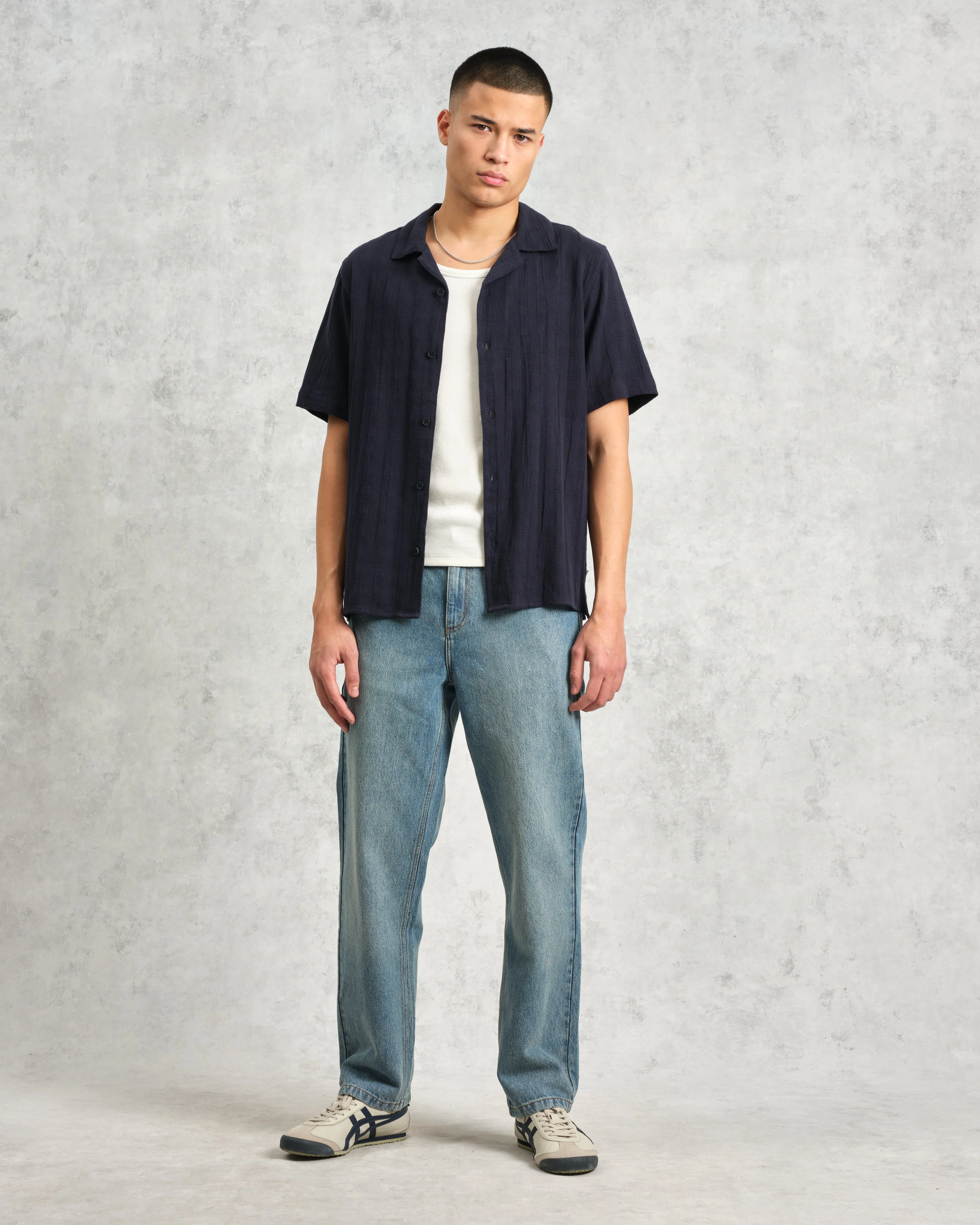 Didcot - Navy Open Weave Cotton Short-Sleeve Shirt sold by Wax London product image thumbnail 4