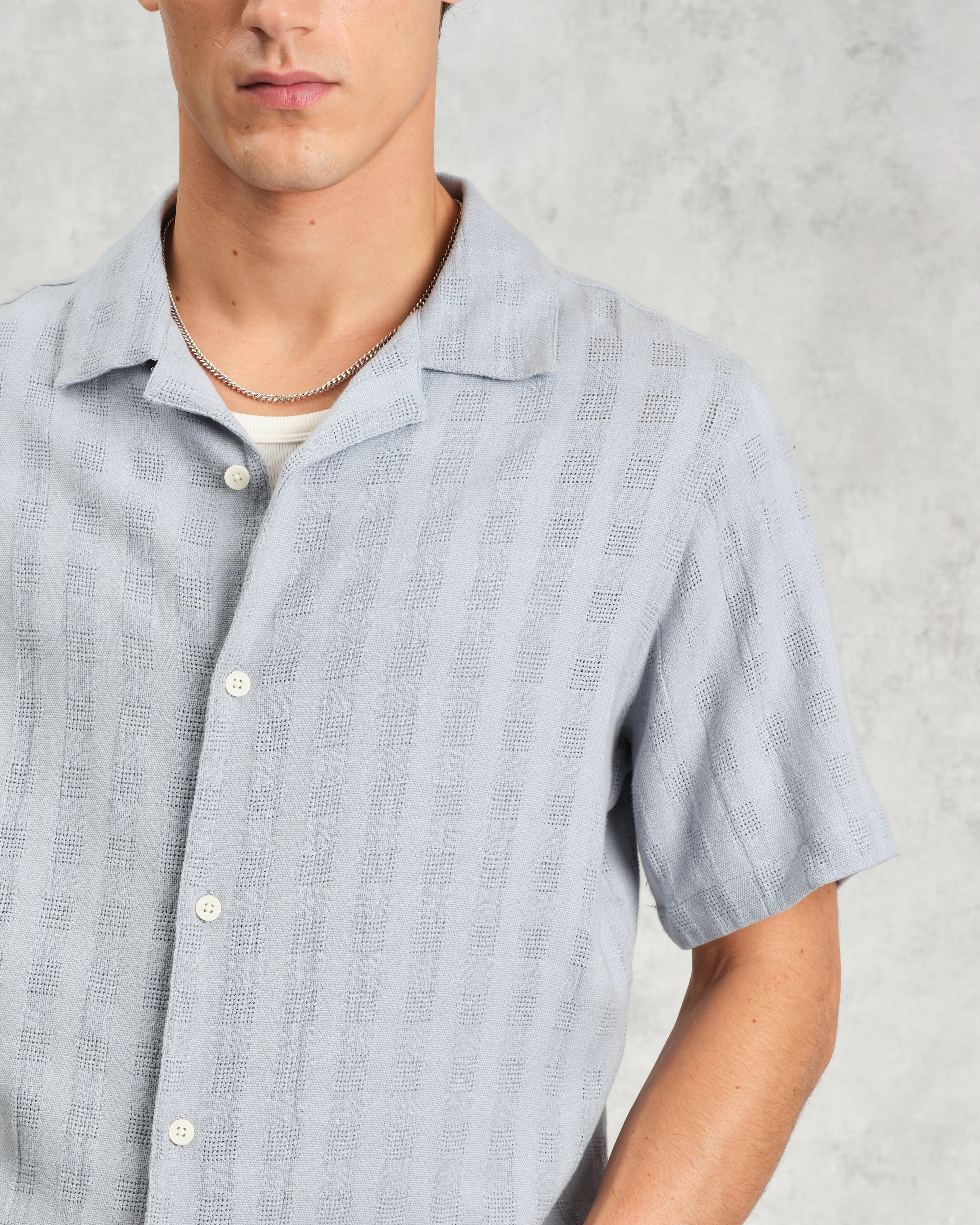 Didcot - Blue Open Weave Cotton Short-Sleeve Shirt sold by Wax London product image thumbnail 3