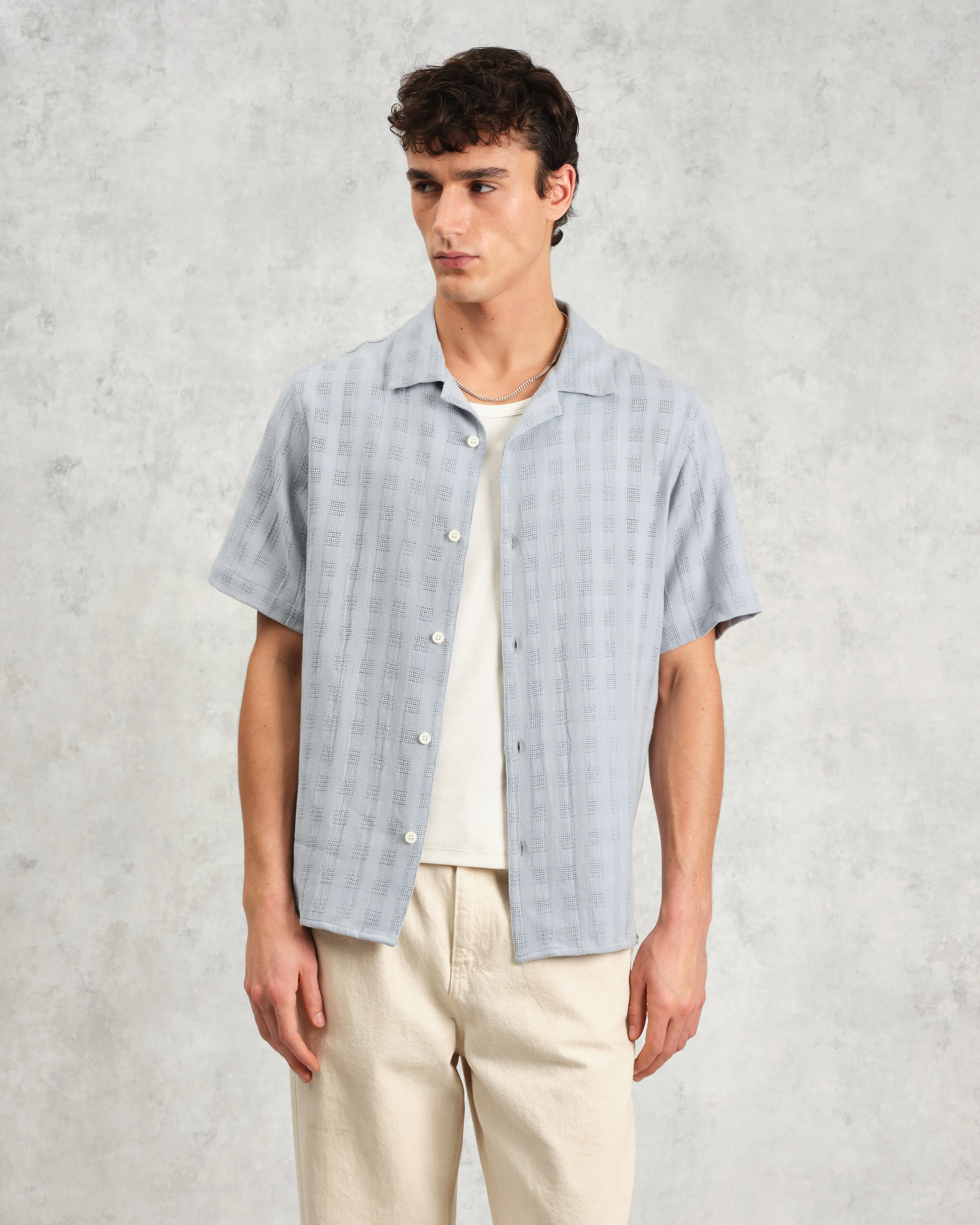 Didcot - Blue Open Weave Cotton Short-Sleeve Shirt sold by Wax London product image thumbnail 2