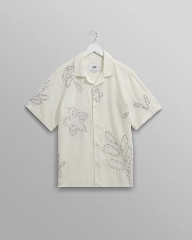 Didcot - Ecru And Blue Floral Embroidered Short-Sleeve Shirt sold by Wax London