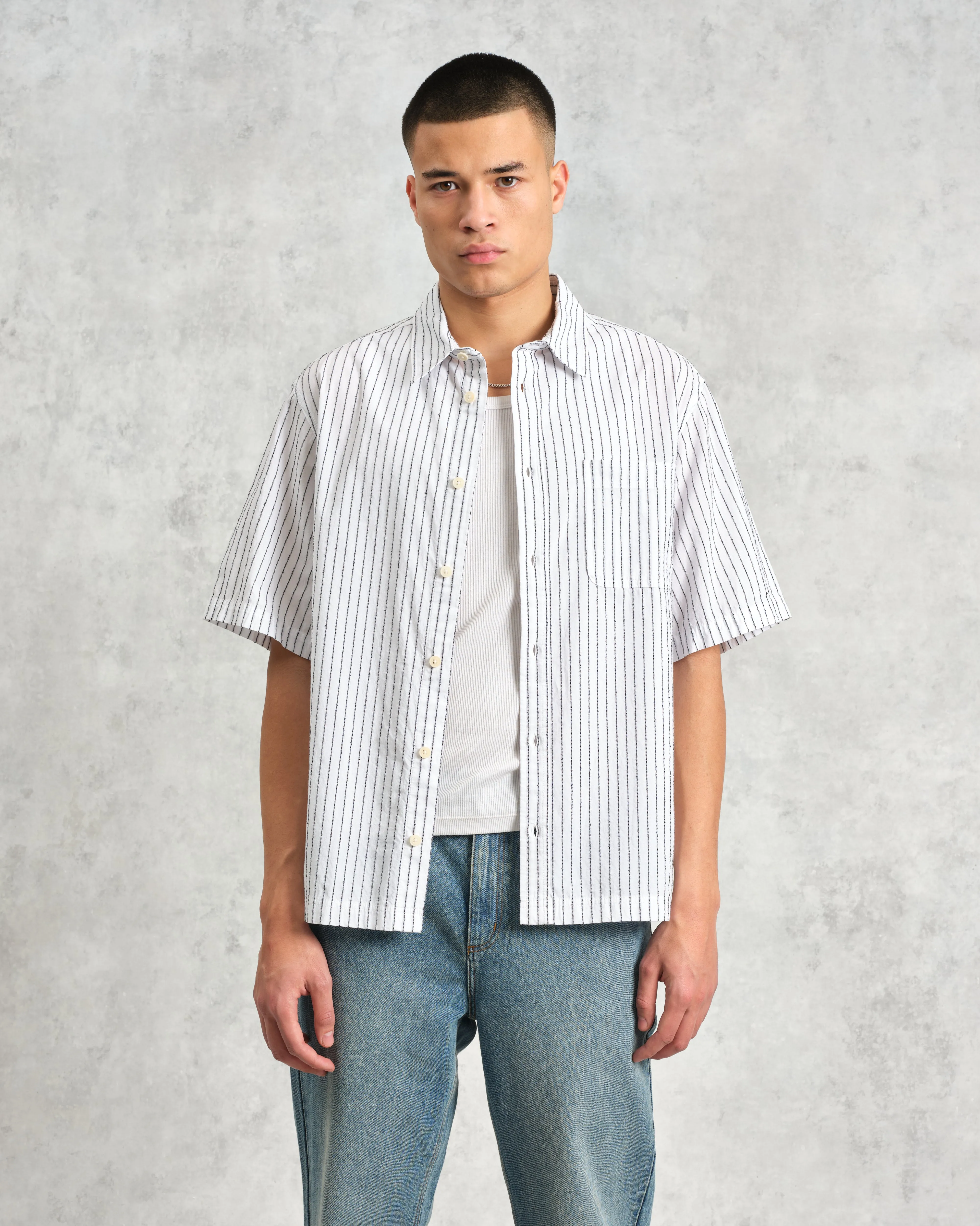 Kew - White Stripe Cotton-Poplin Short-Sleeve Shirt sold by Wax London product image thumbnail 2