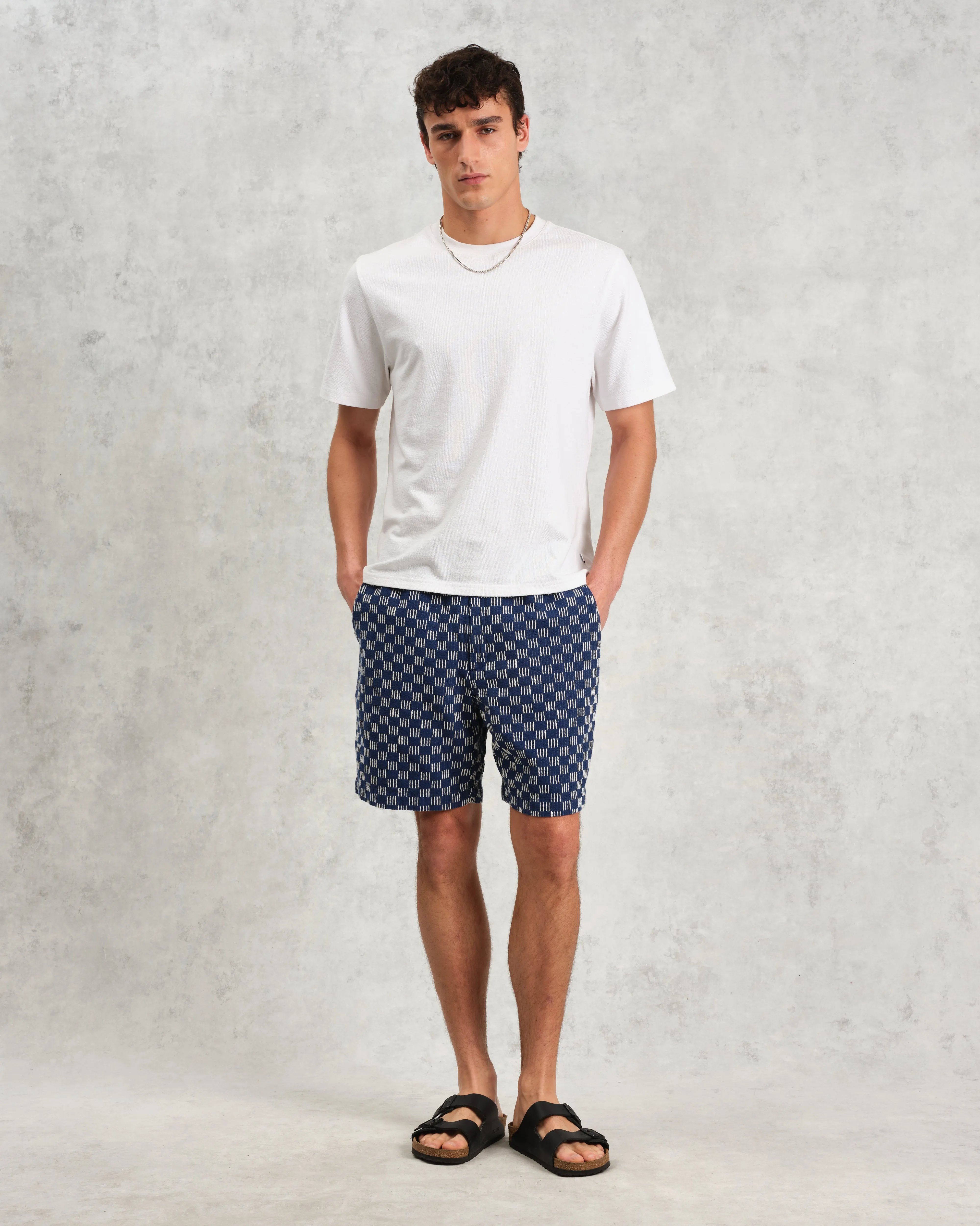 Kurt - Indigo And Ecru Geometric Grid Stitch Shorts sold by Wax London product image thumbnail 2