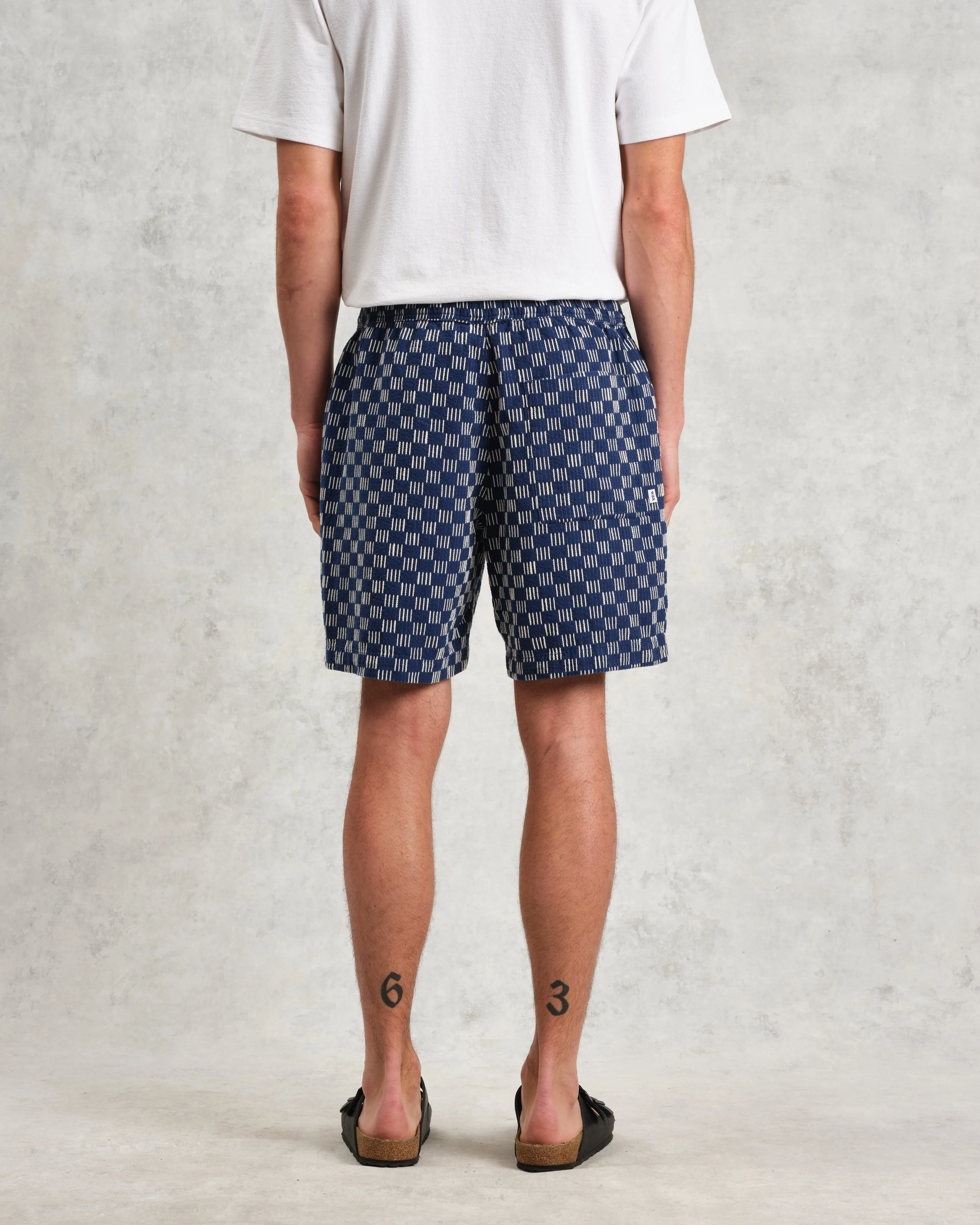 Kurt - Indigo And Ecru Geometric Grid Stitch Shorts sold by Wax London product image thumbnail 5