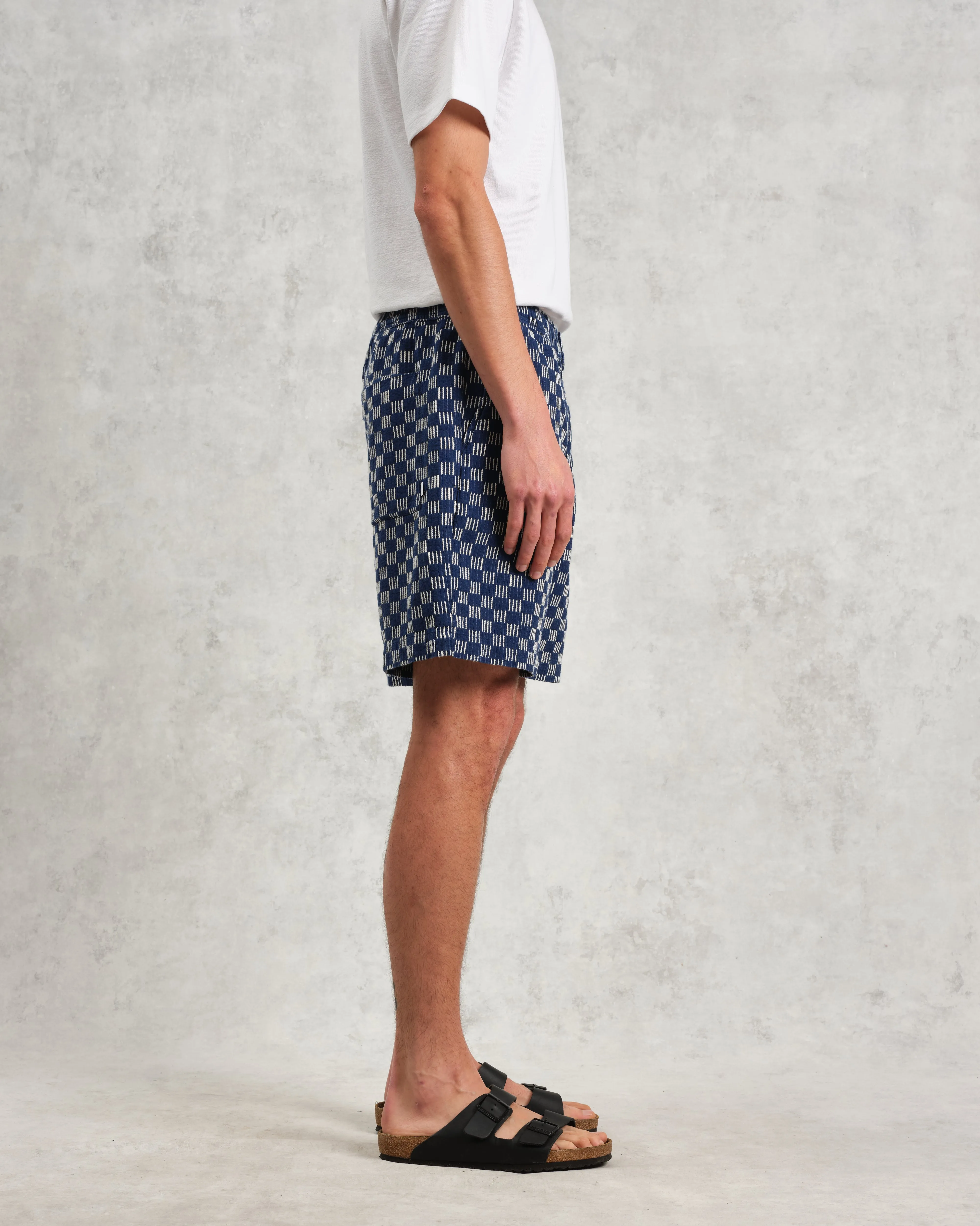 Kurt - Indigo And Ecru Geometric Grid Stitch Shorts sold by Wax London product image thumbnail 4