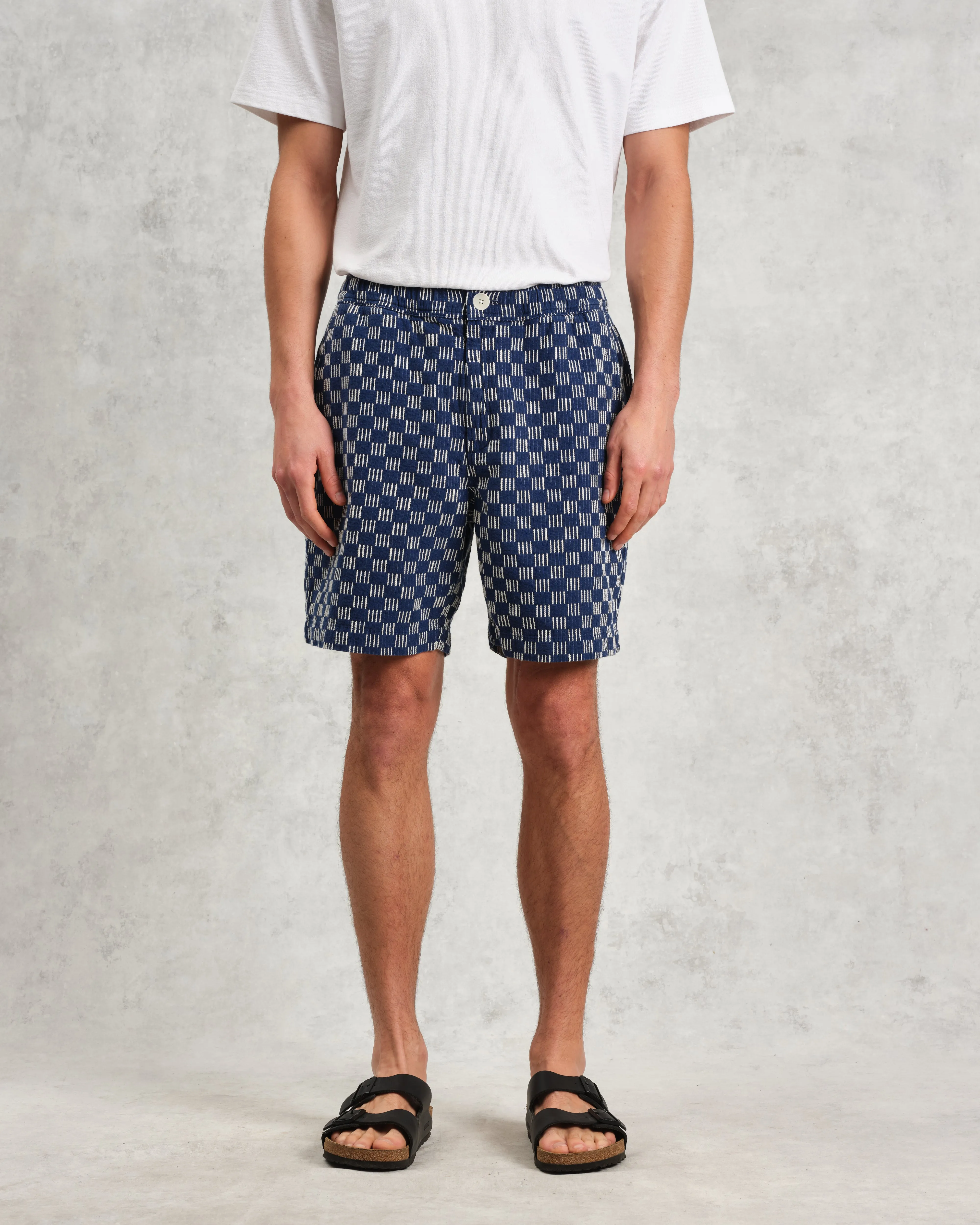Kurt - Indigo And Ecru Geometric Grid Stitch Shorts sold by Wax London product image thumbnail 3
