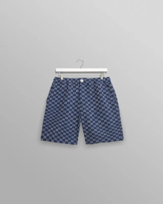Kurt - Indigo And Ecru Geometric Grid Stitch Shorts sold by Wax London