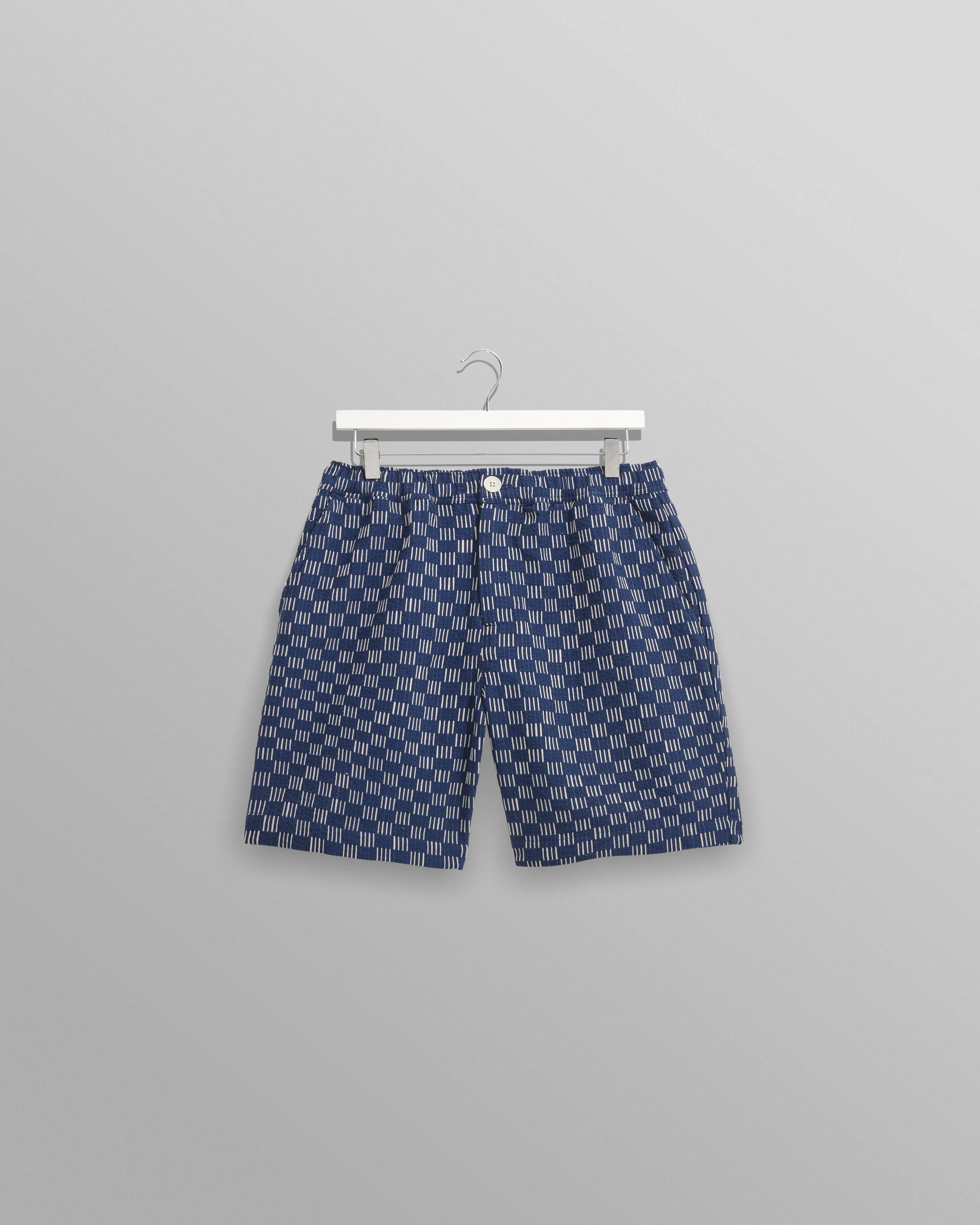 Kurt - Indigo And Ecru Geometric Grid Stitch Shorts sold by Wax London