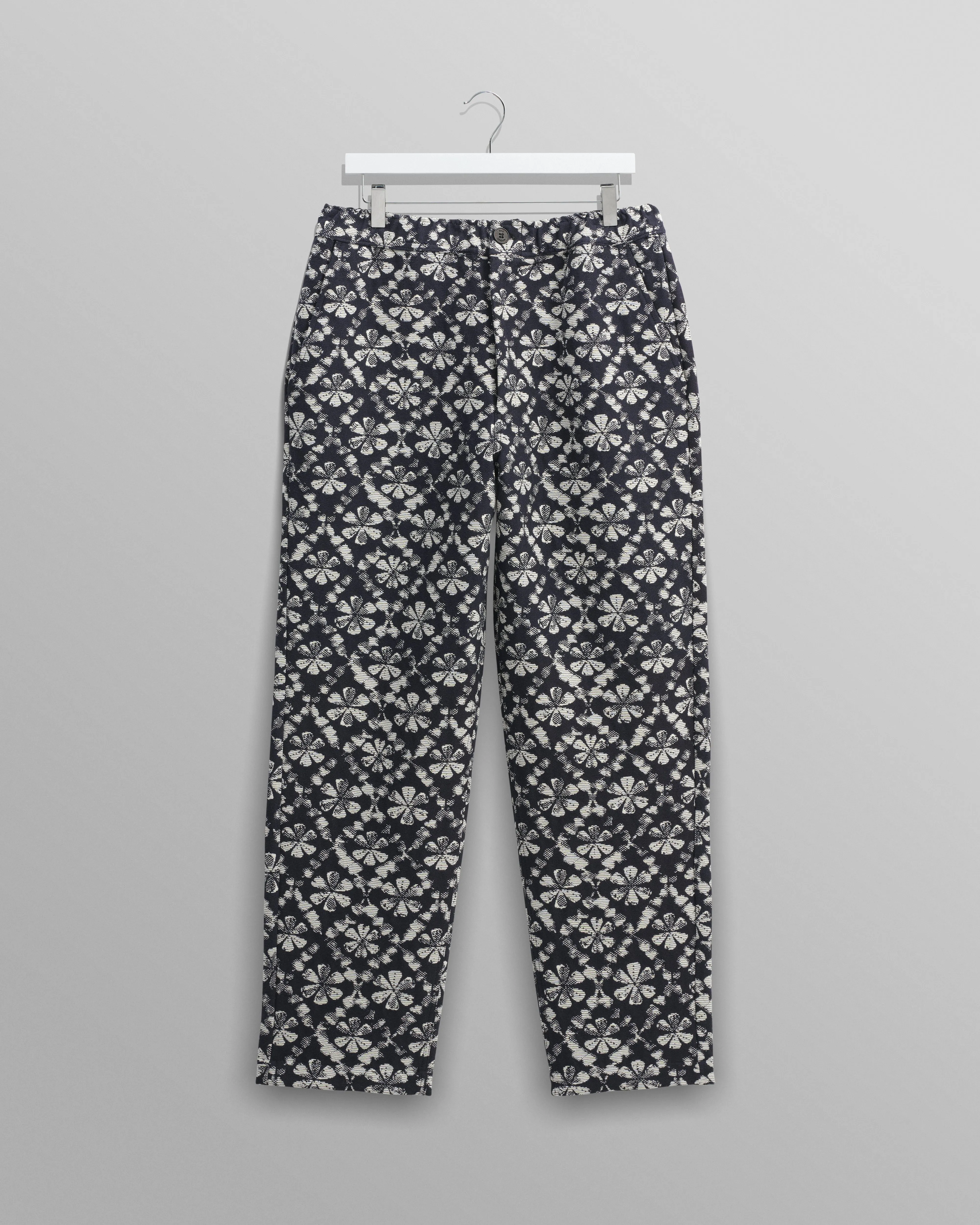 Kurt - Navy Flower Stamp Jacquard Trousers sold by Wax London