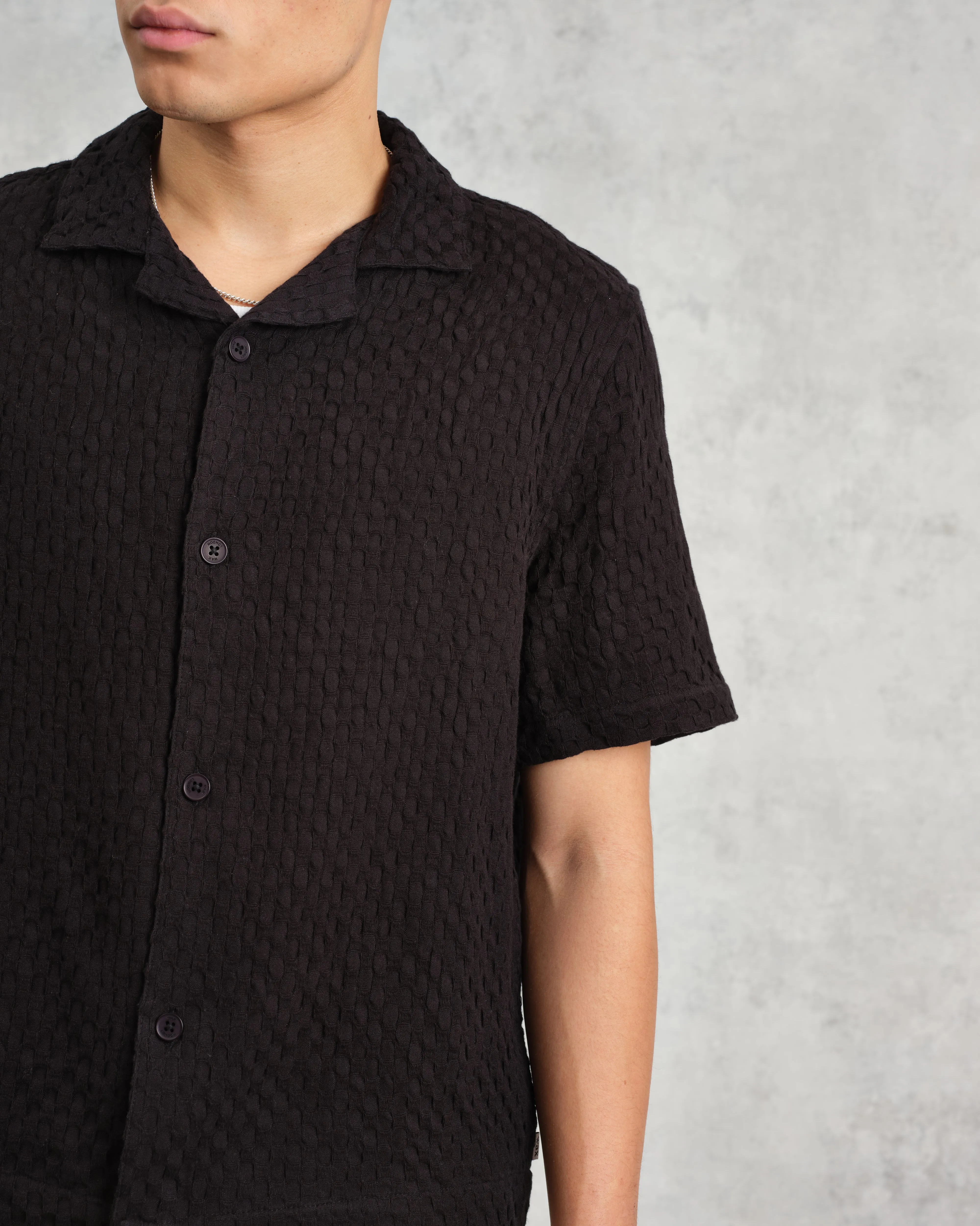 Lido - Black Dobby Cotton Weave Short-Sleeve Shirt sold by Wax London product image thumbnail 3