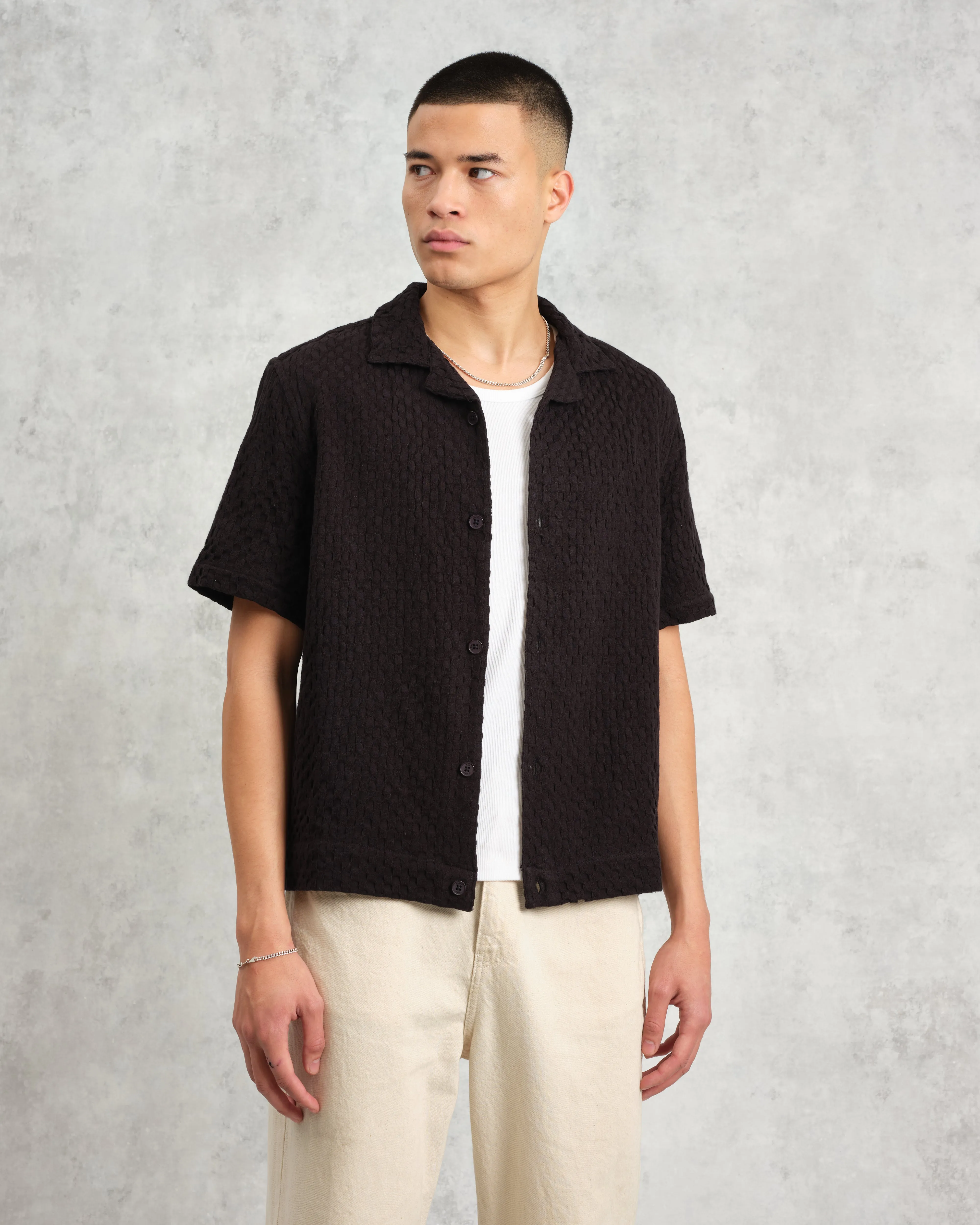 Lido - Black Dobby Cotton Weave Short-Sleeve Shirt sold by Wax London product image thumbnail 2
