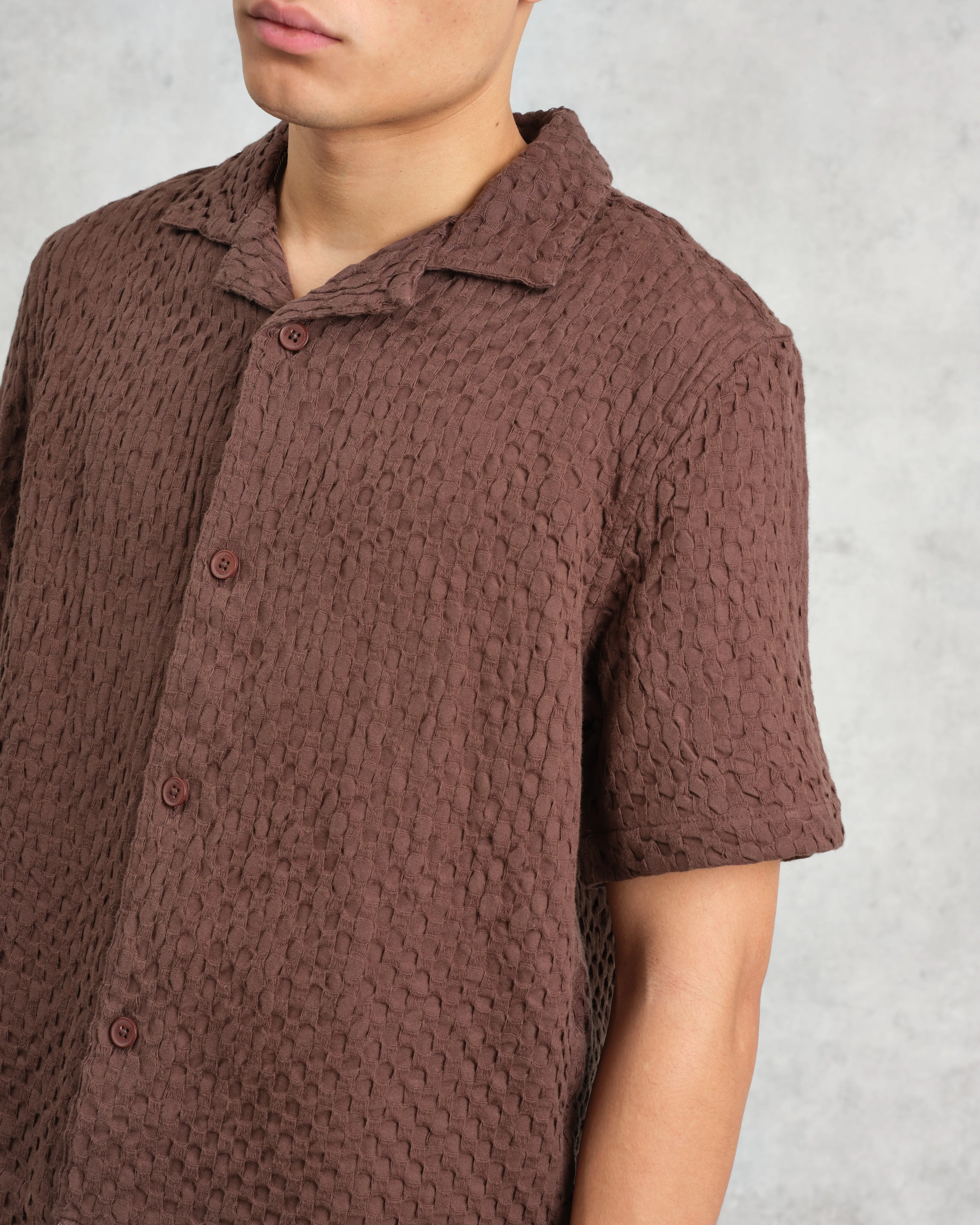 Lido - Brown Dobby Cotton Weave Short-Sleeve Shirt sold by Wax London product image thumbnail 3