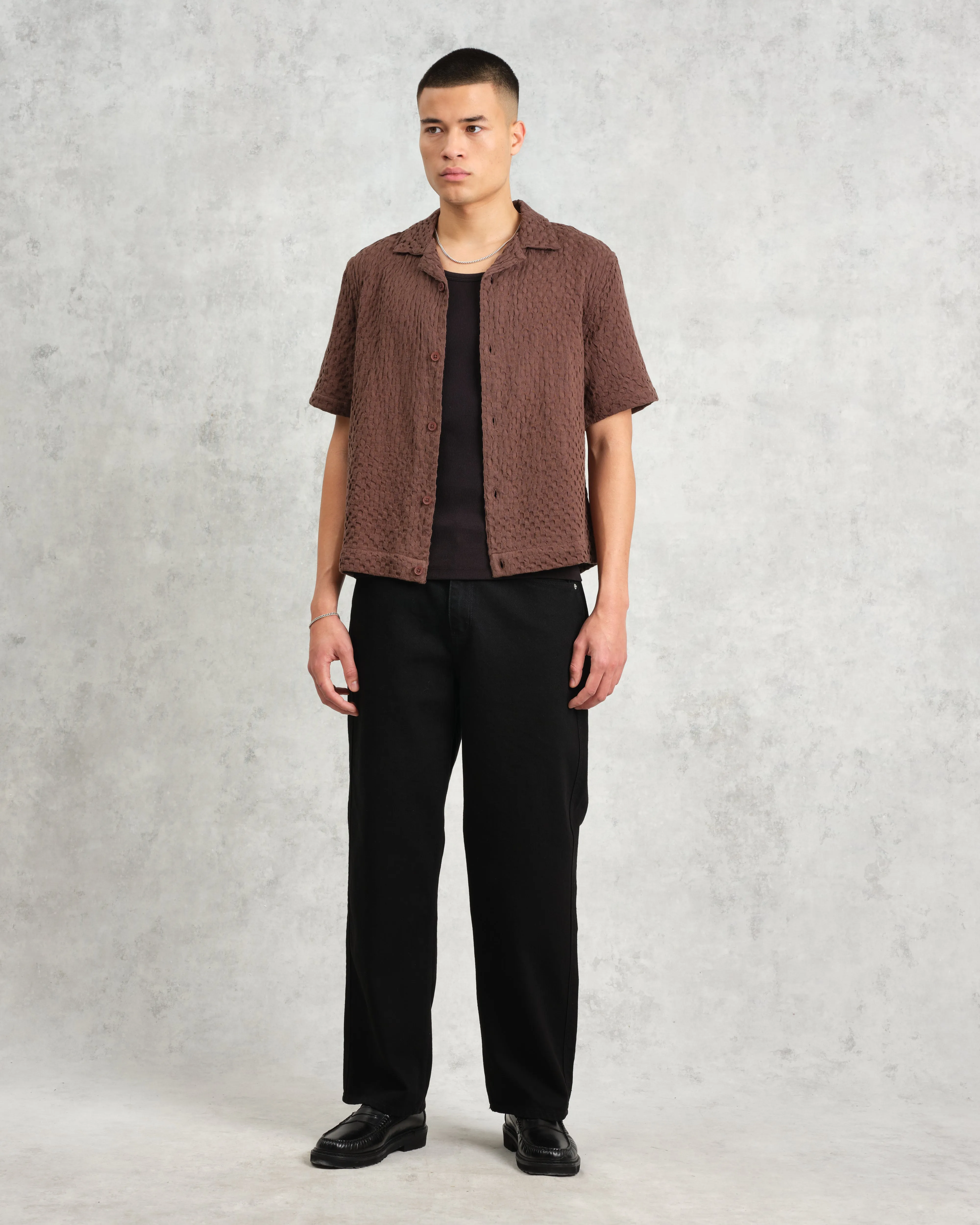 Lido - Brown Dobby Cotton Weave Short-Sleeve Shirt sold by Wax London product image thumbnail 4