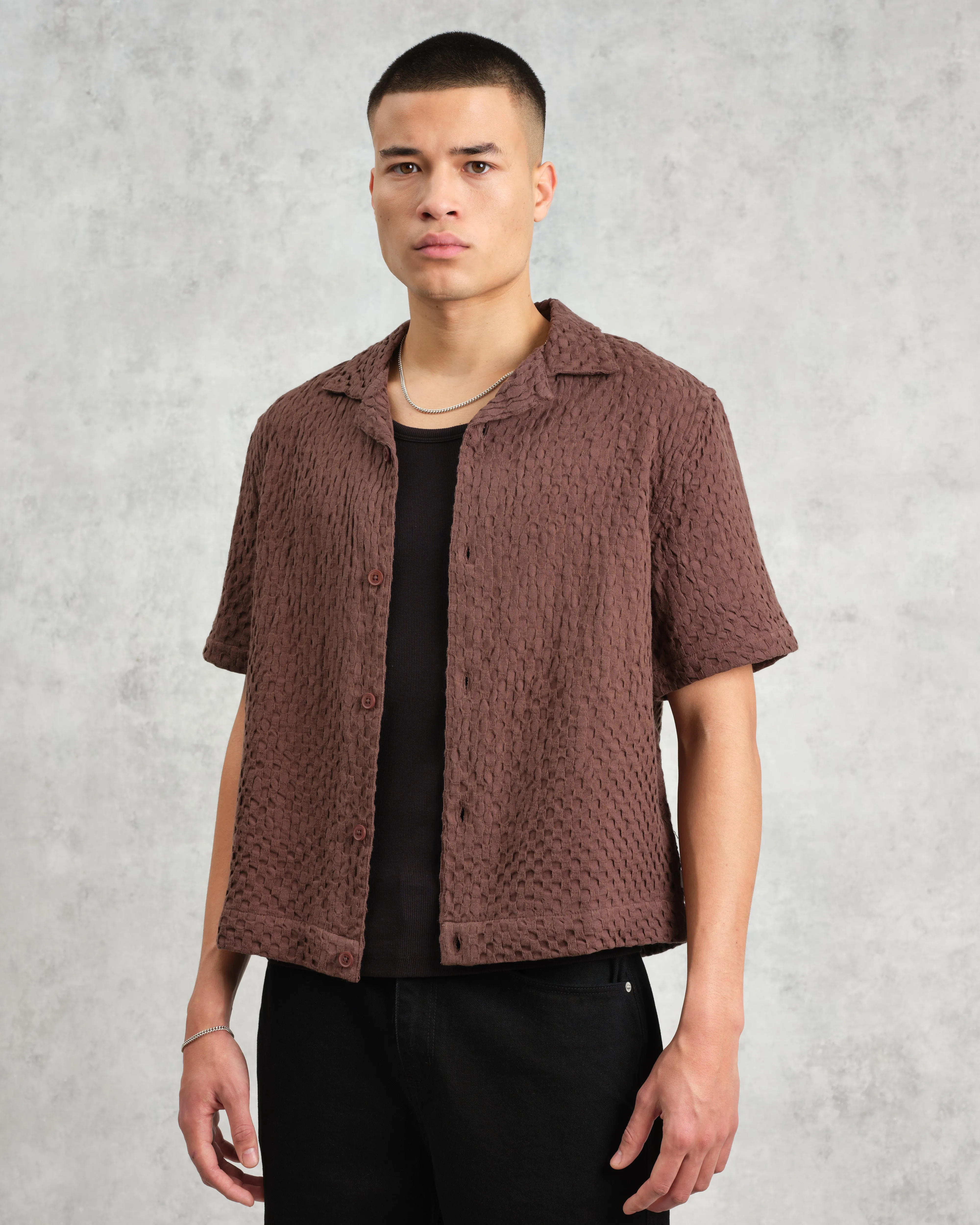 Lido - Brown Dobby Cotton Weave Short-Sleeve Shirt sold by Wax London product image thumbnail 2