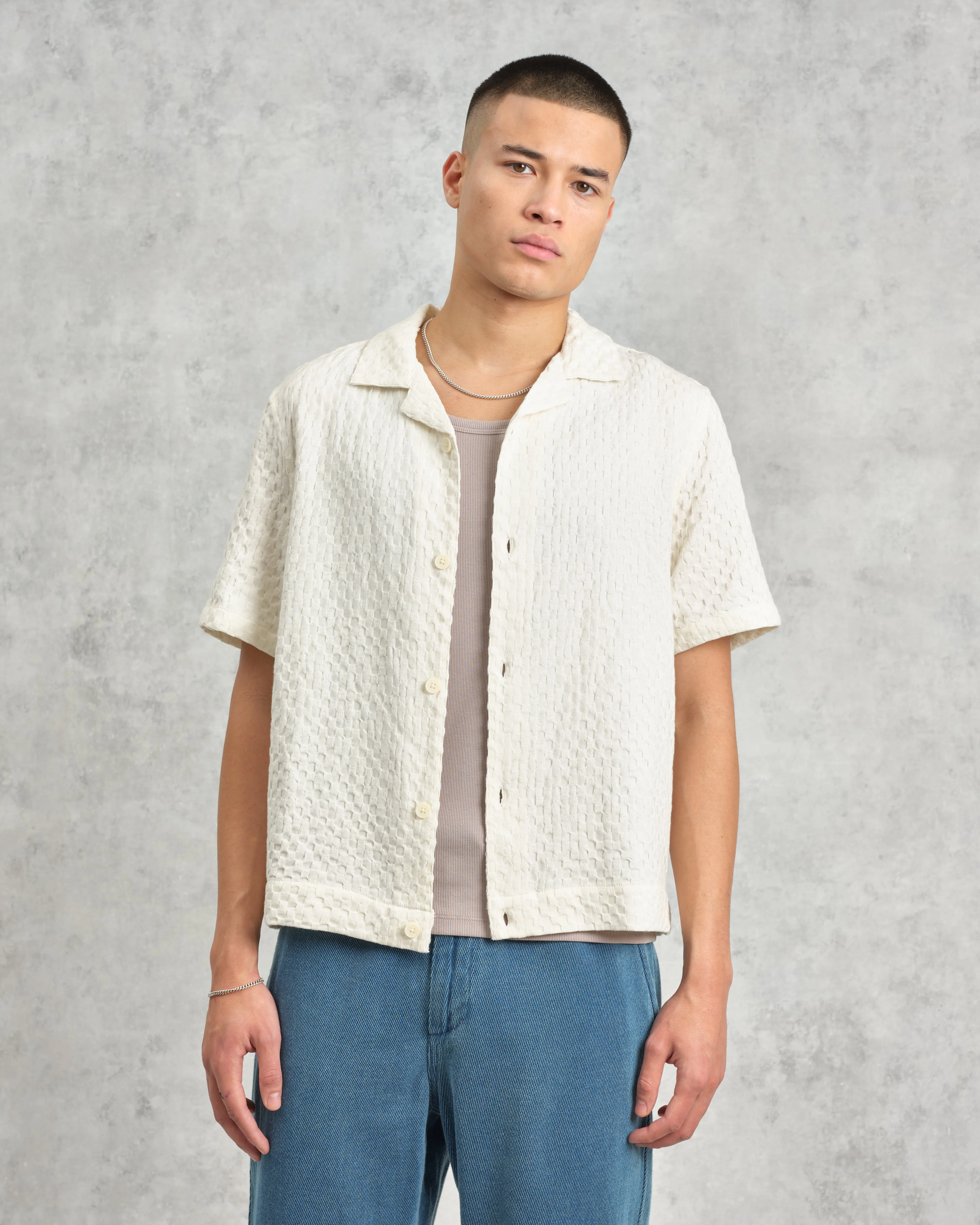 Lido - Ecru Dobby Cotton Weave Short-Sleeve Shirt sold by Wax London product image thumbnail 2