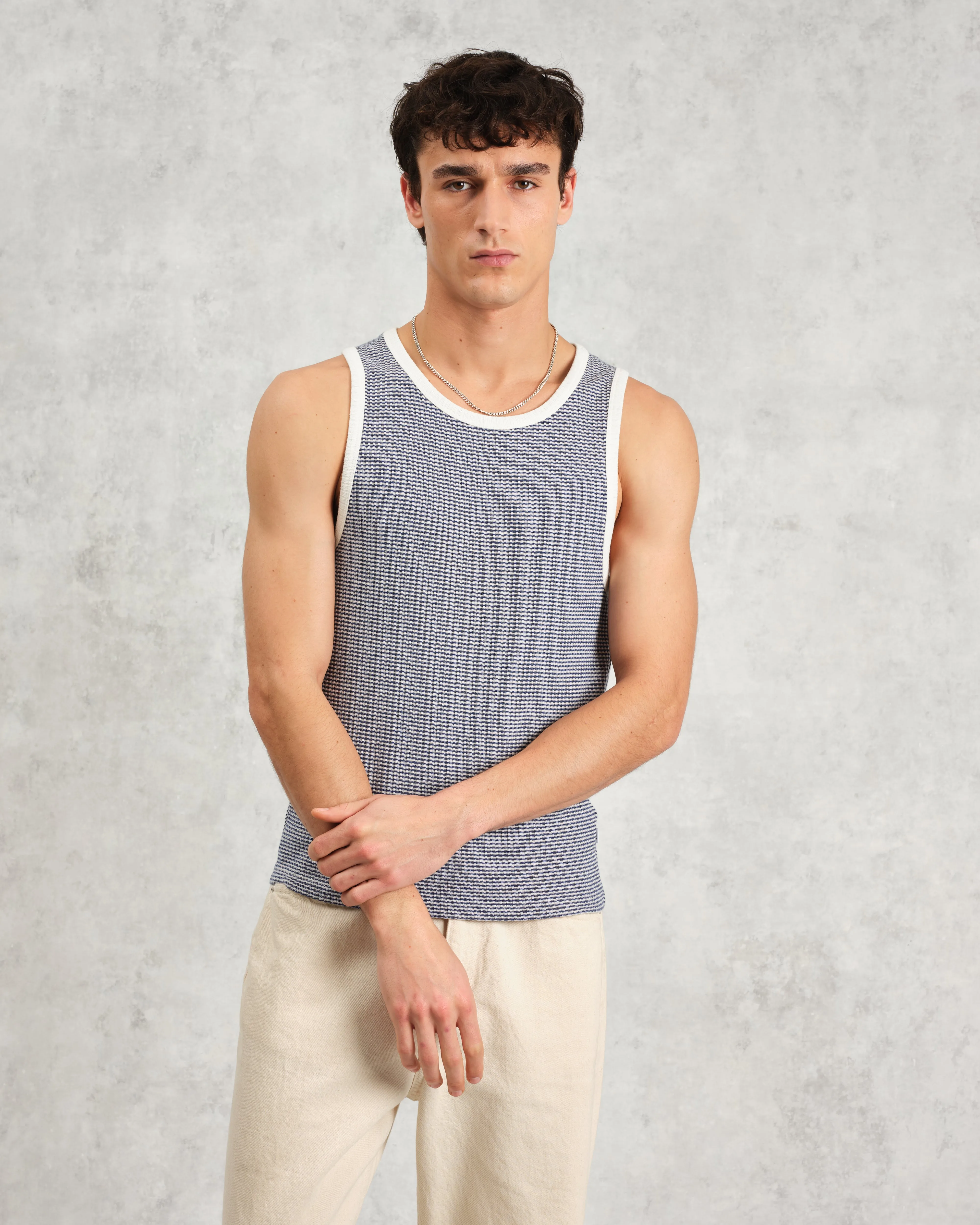 Montague - Blue And Ecru Striped Ribbed Organic Cotton Vest sold by Wax London product image thumbnail 2