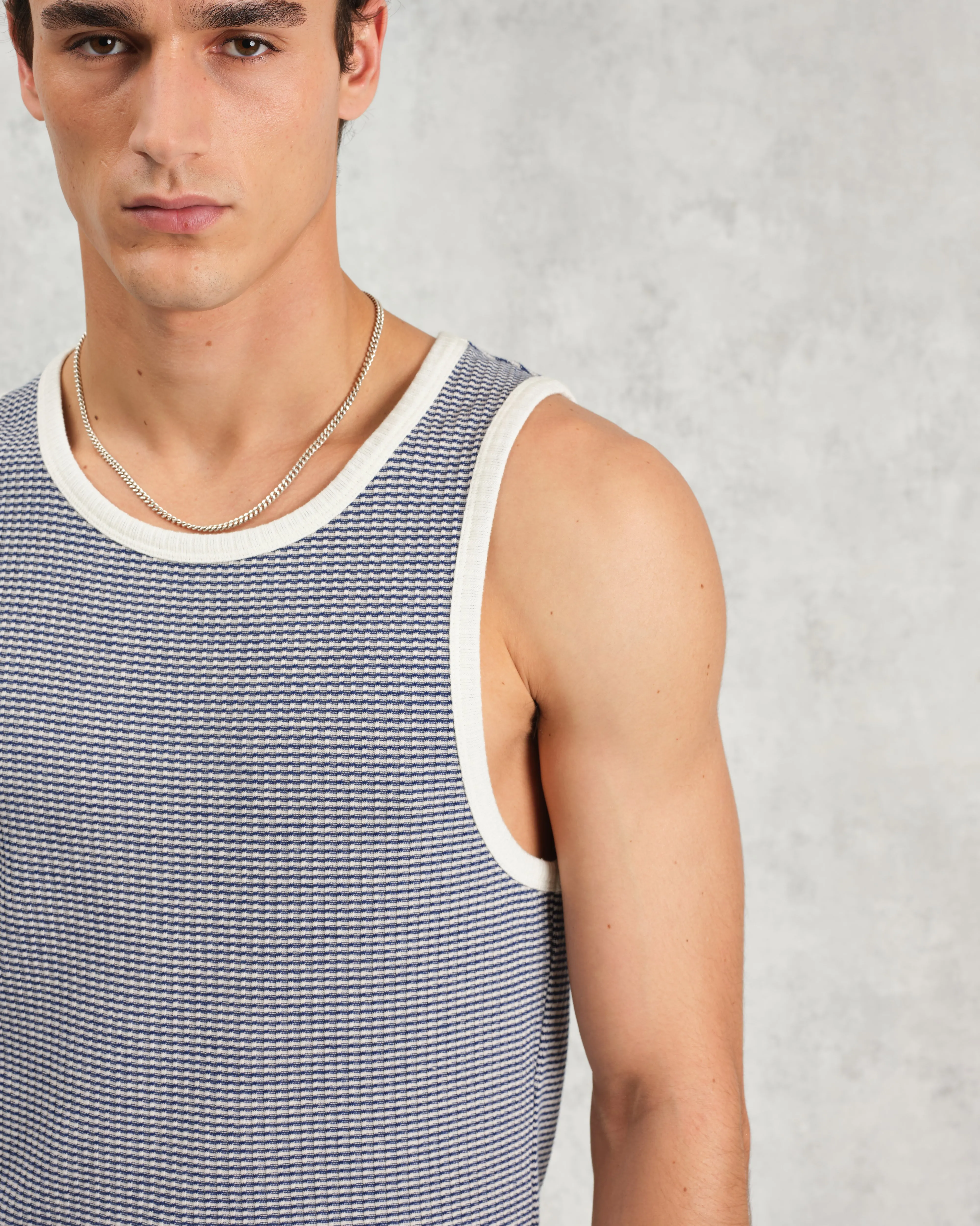 Montague - Blue And Ecru Striped Ribbed Organic Cotton Vest sold by Wax London product image thumbnail 3