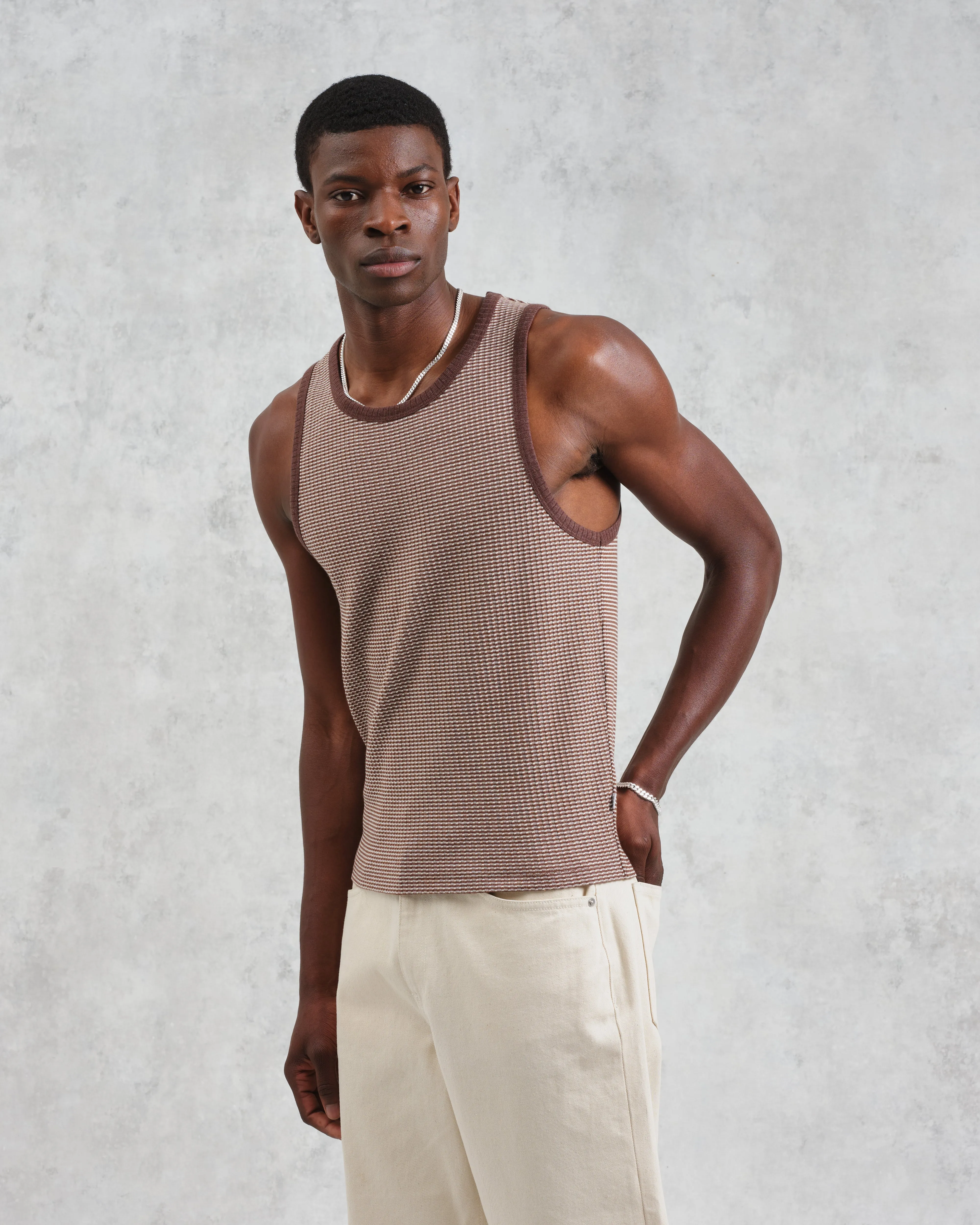 Montague - Brown And Ecru Striped Ribbed Organic Cotton Vest sold by Wax London product image thumbnail 2