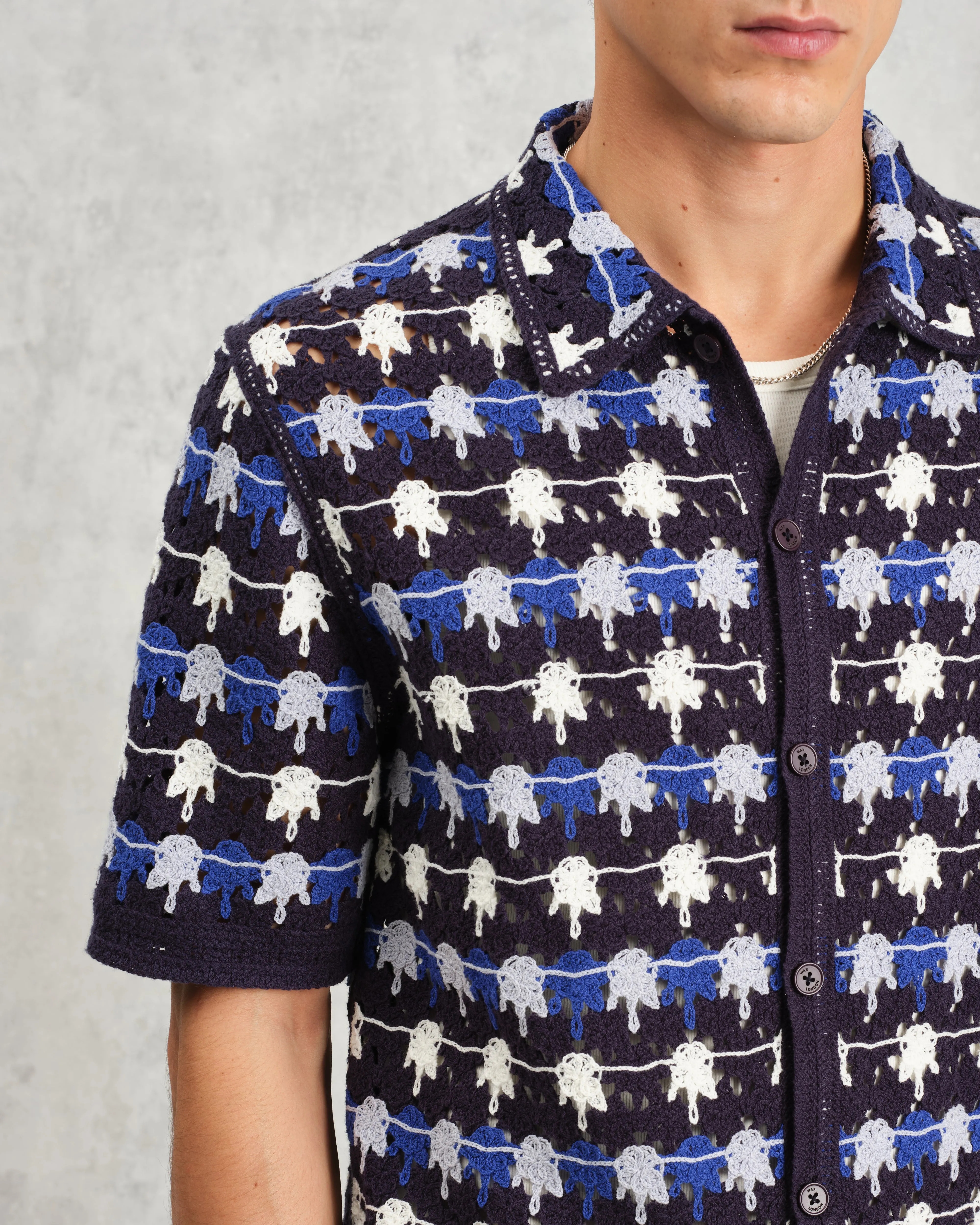 Porto - Navy Splash Crochet Knitted Polo Shirt sold by Wax London product image thumbnail 3