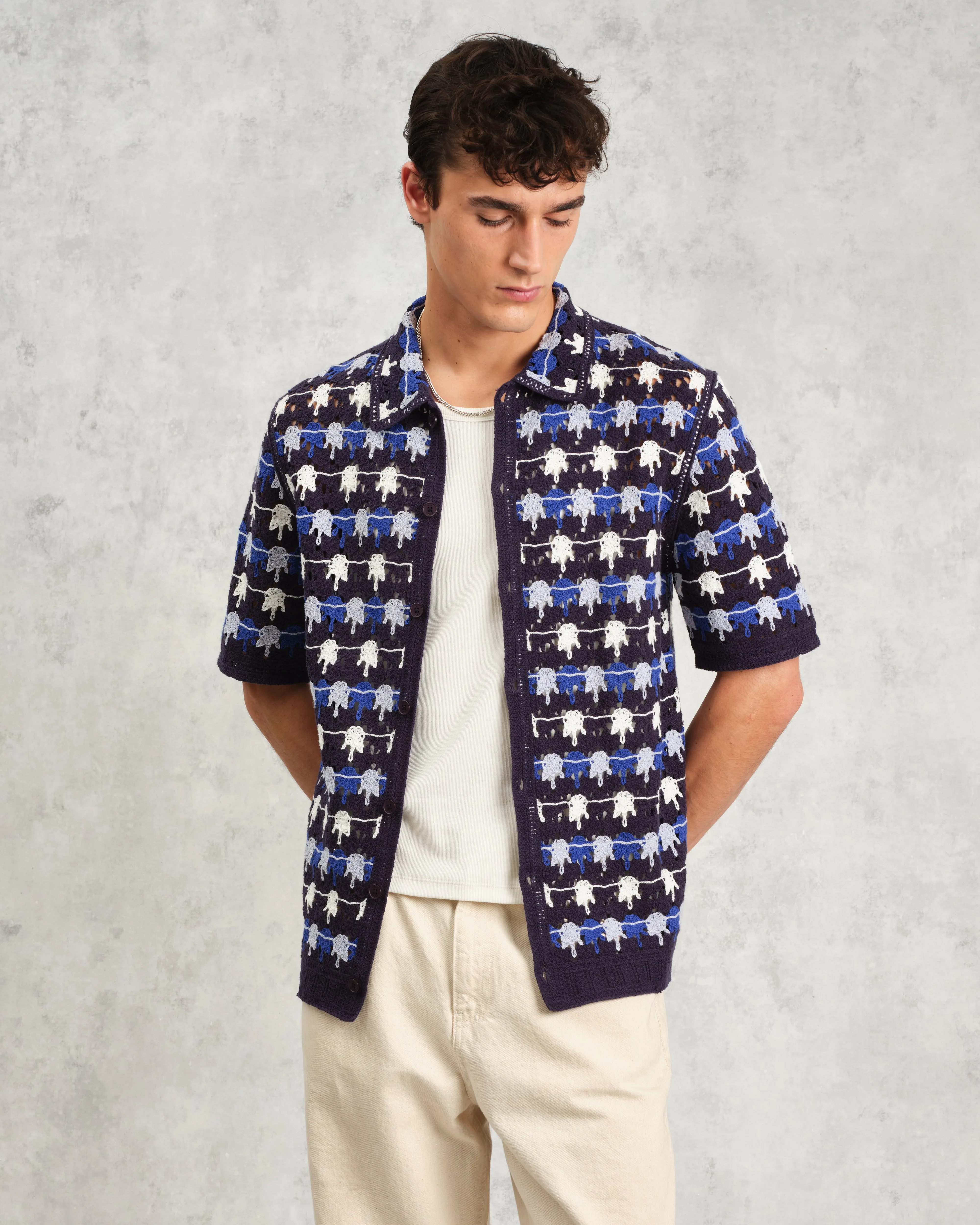 Porto - Navy Splash Crochet Knitted Polo Shirt sold by Wax London product image thumbnail 2