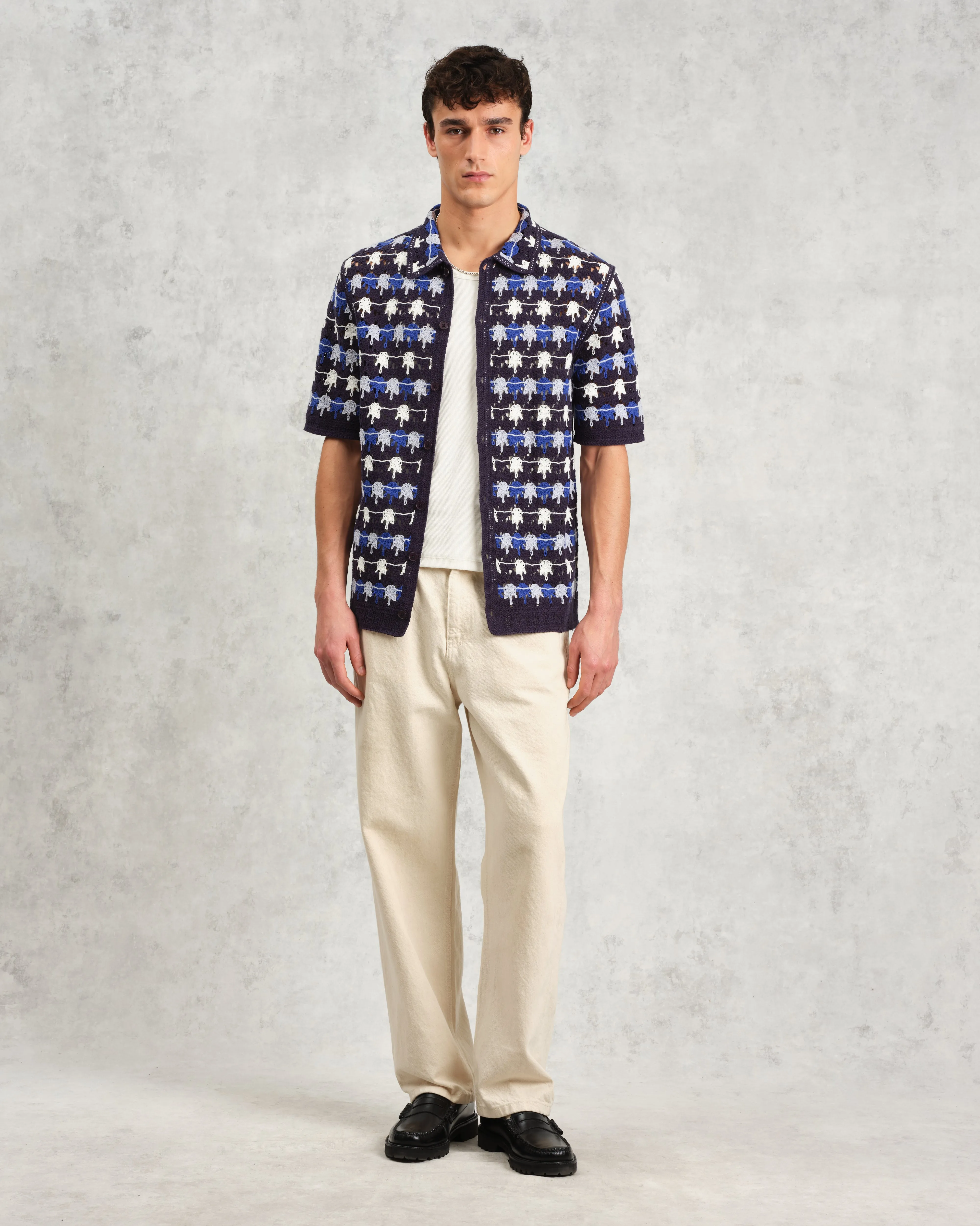 Porto - Navy Splash Crochet Knitted Polo Shirt sold by Wax London product image thumbnail 4