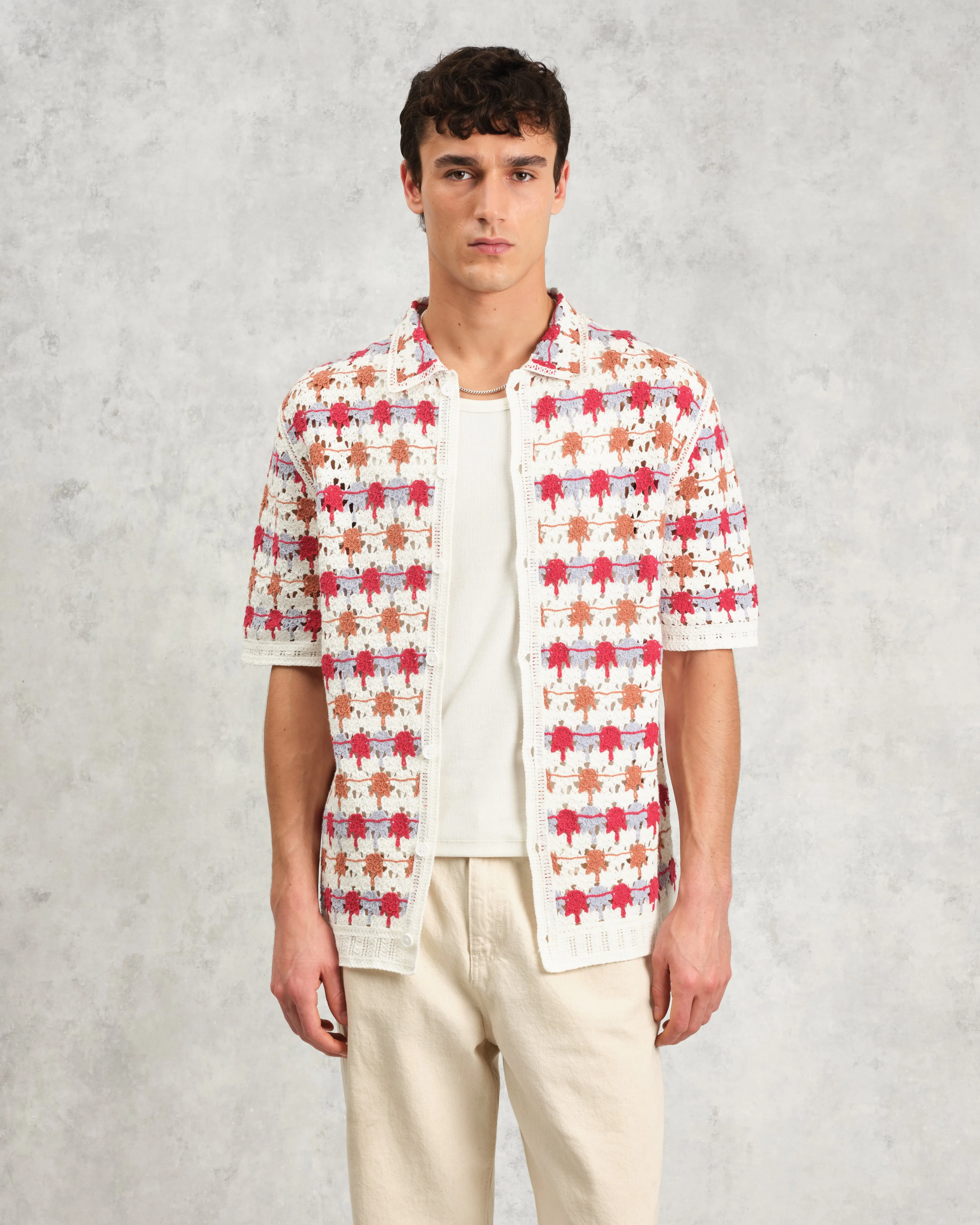 Porto - Ecru And Multicolour Splash Crochet Knitted Polo Shirt sold by Wax London product image thumbnail 2