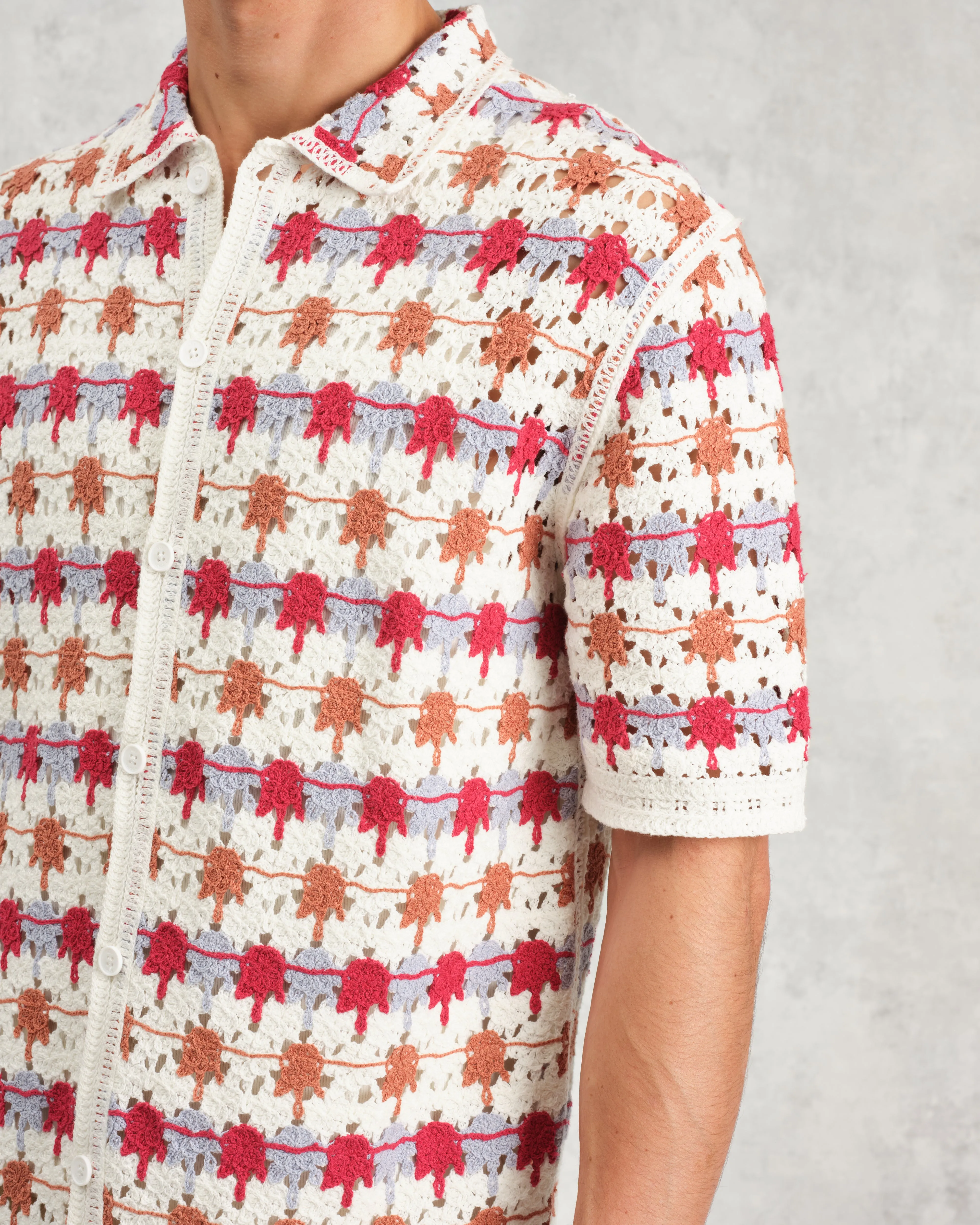 Porto - Ecru And Multicolour Splash Crochet Knitted Polo Shirt sold by Wax London product image thumbnail 3