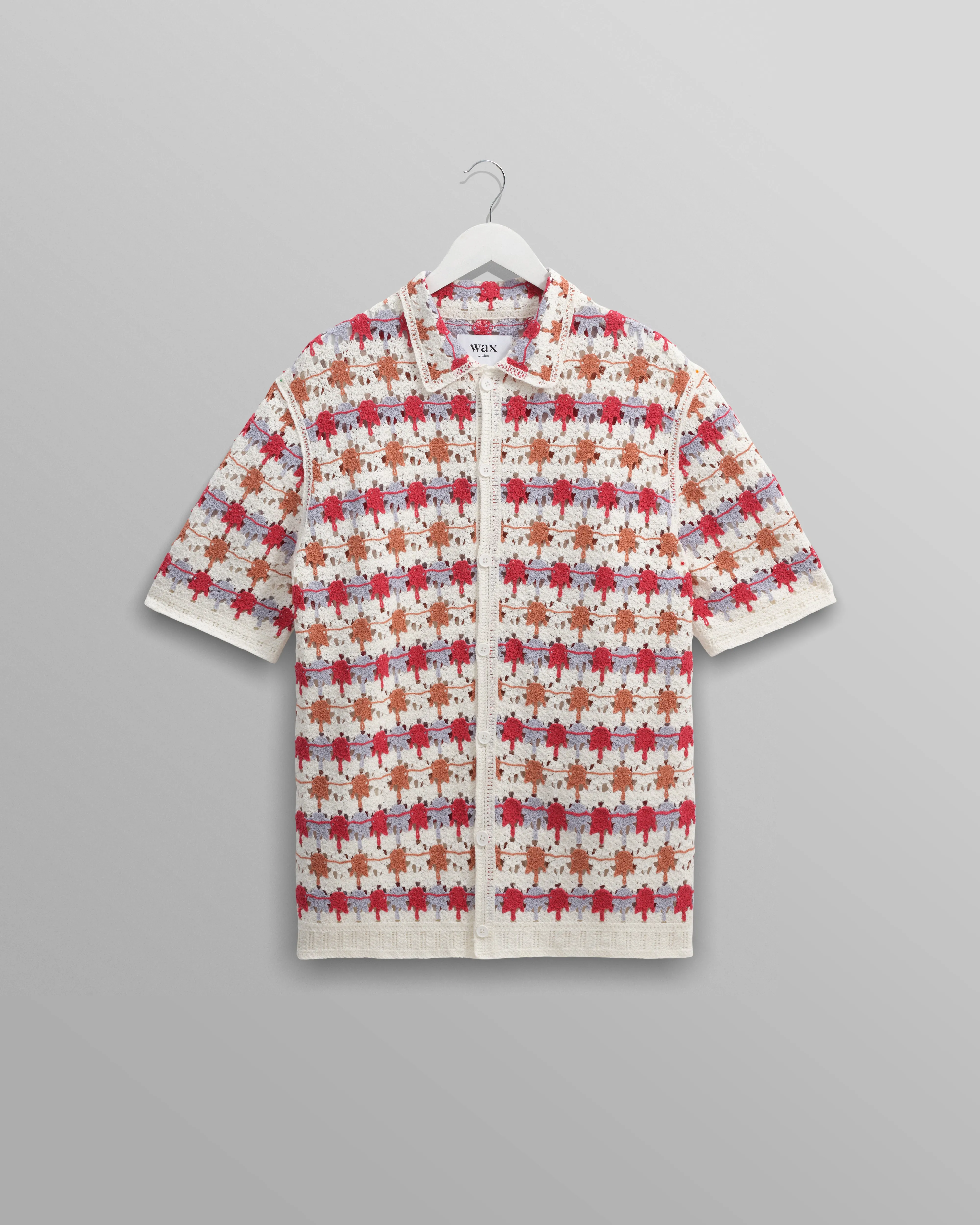 Porto - Ecru And Multicolour Splash Crochet Knitted Polo Shirt sold by Wax London