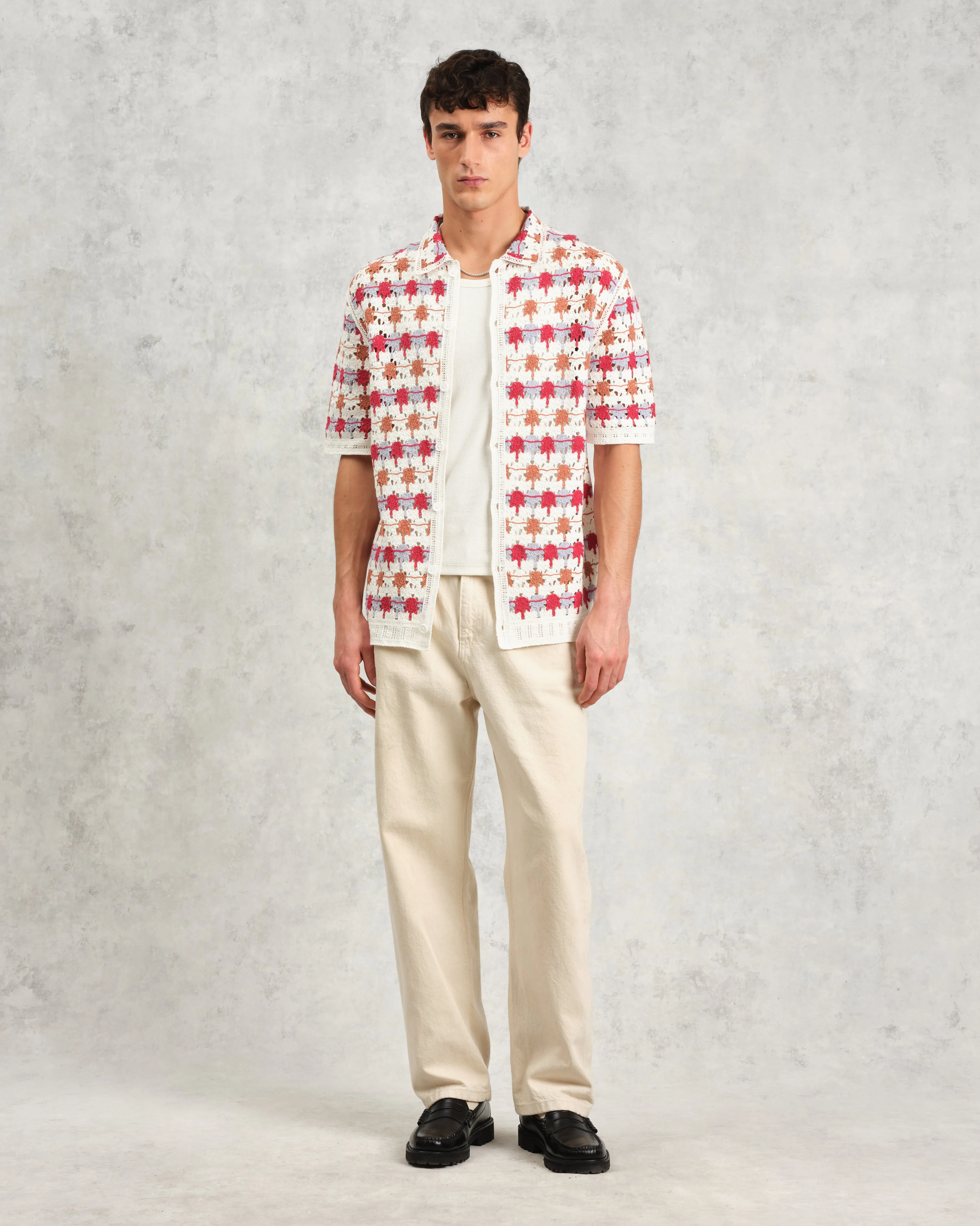 Porto - Ecru And Multicolour Splash Crochet Knitted Polo Shirt sold by Wax London product image thumbnail 4