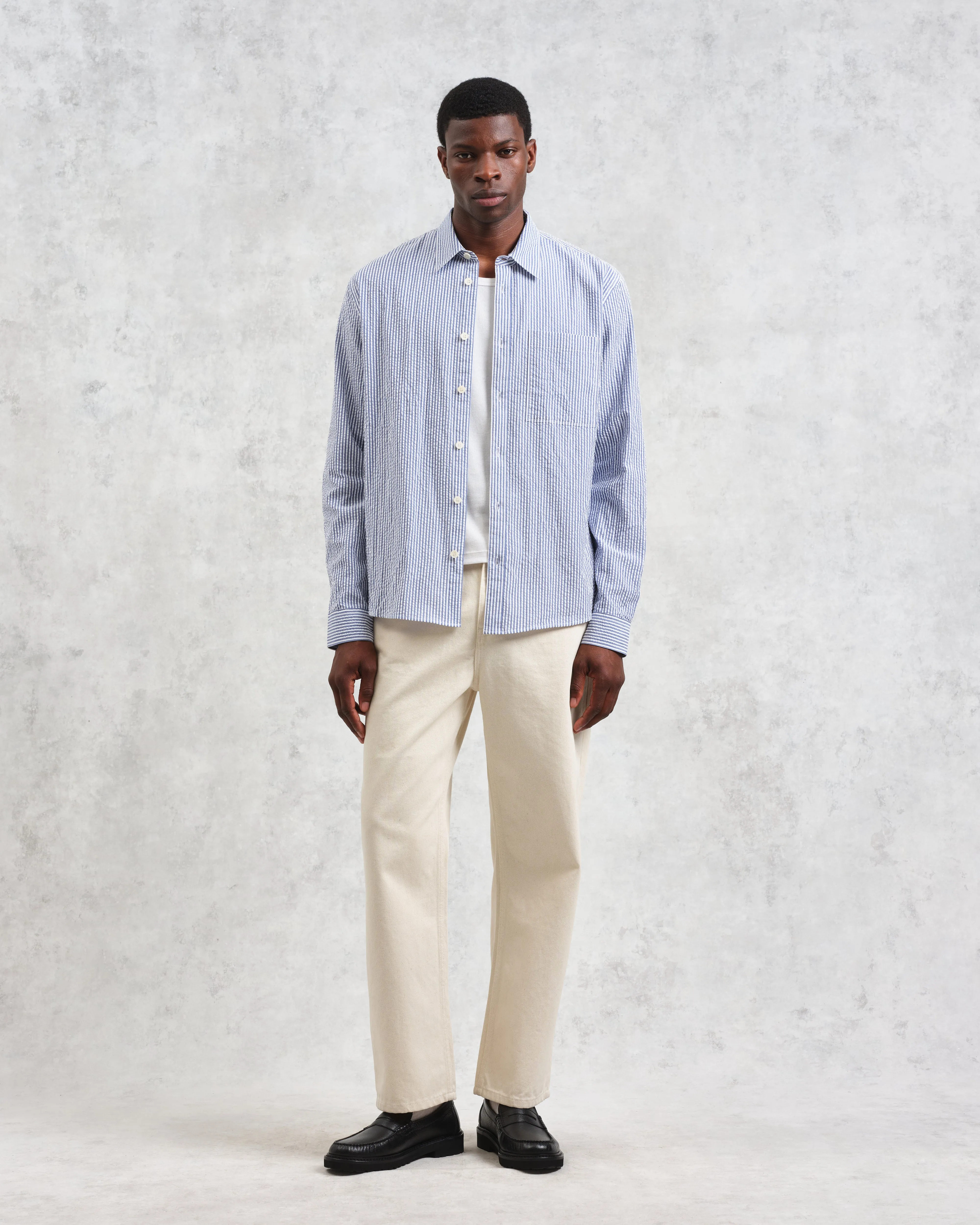 Rove - Blue Striped Cotton-Seersucker Shirt sold by Wax London product image thumbnail 4