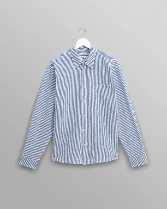 Rove - Blue Striped Cotton Seersucker Shirt sold by Wax London
