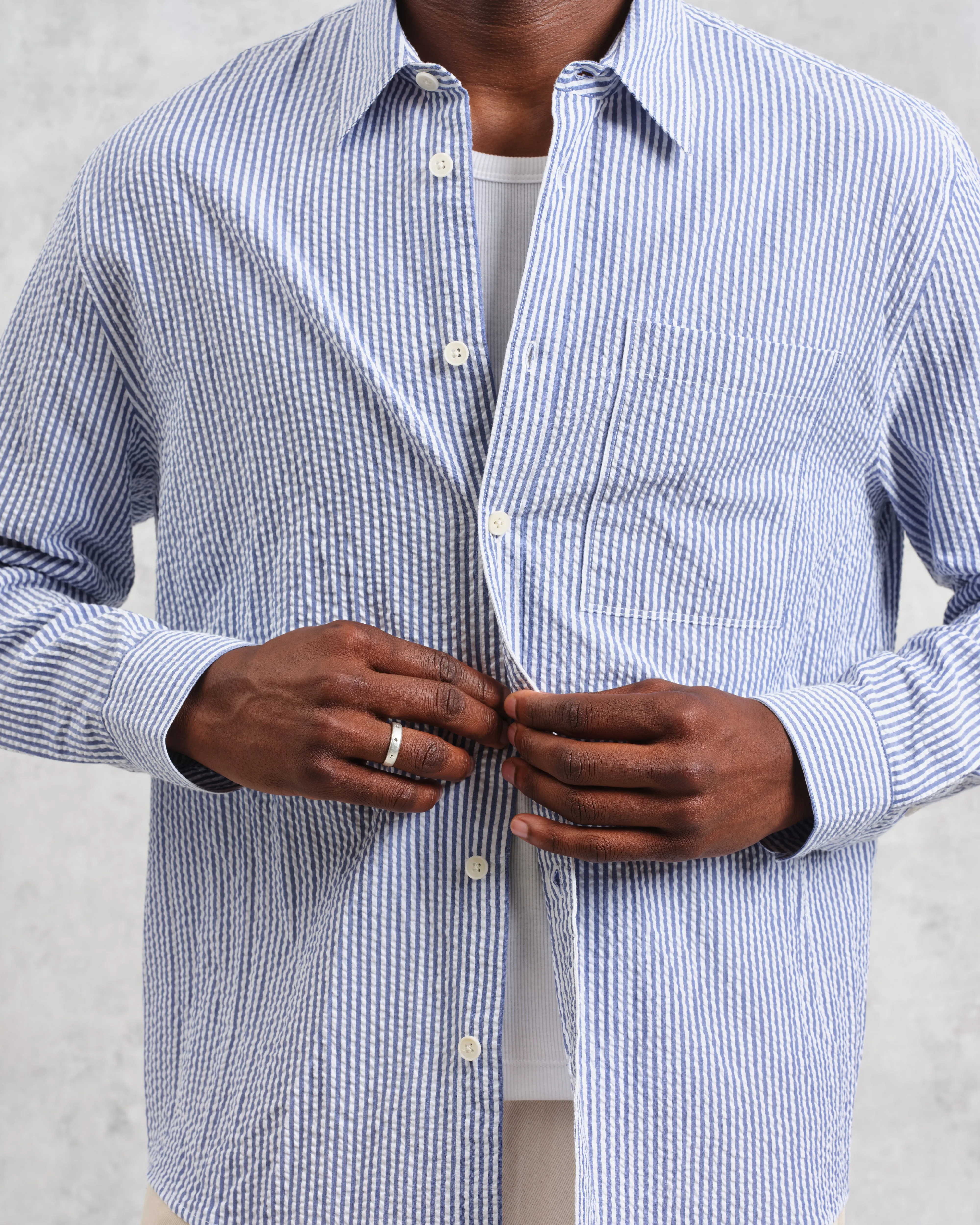 Rove - Blue Striped Cotton-Seersucker Shirt sold by Wax London product image thumbnail 3