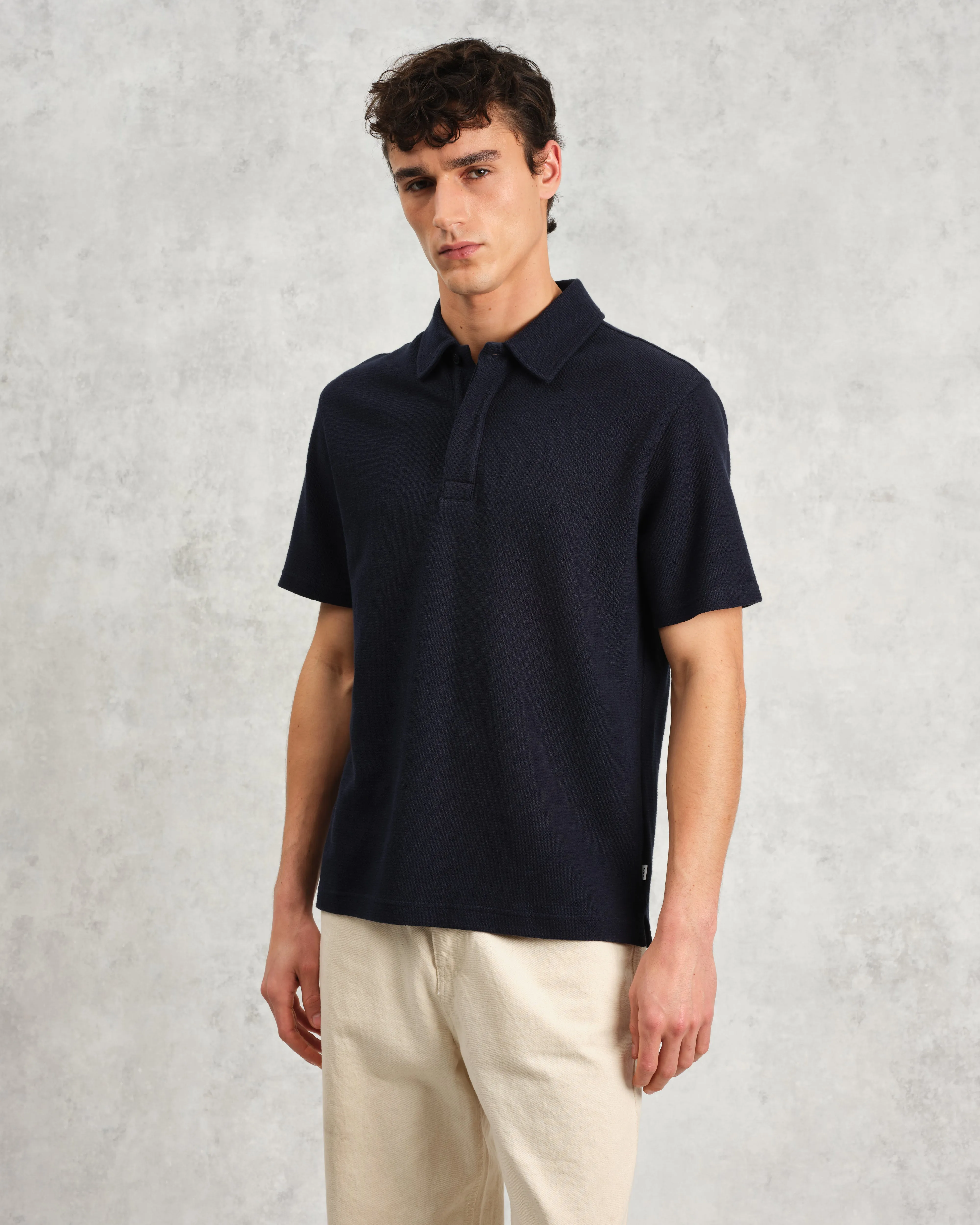 Shore - Navy Textured Organic Cotton Polo Shirt sold by Wax London product image thumbnail 2