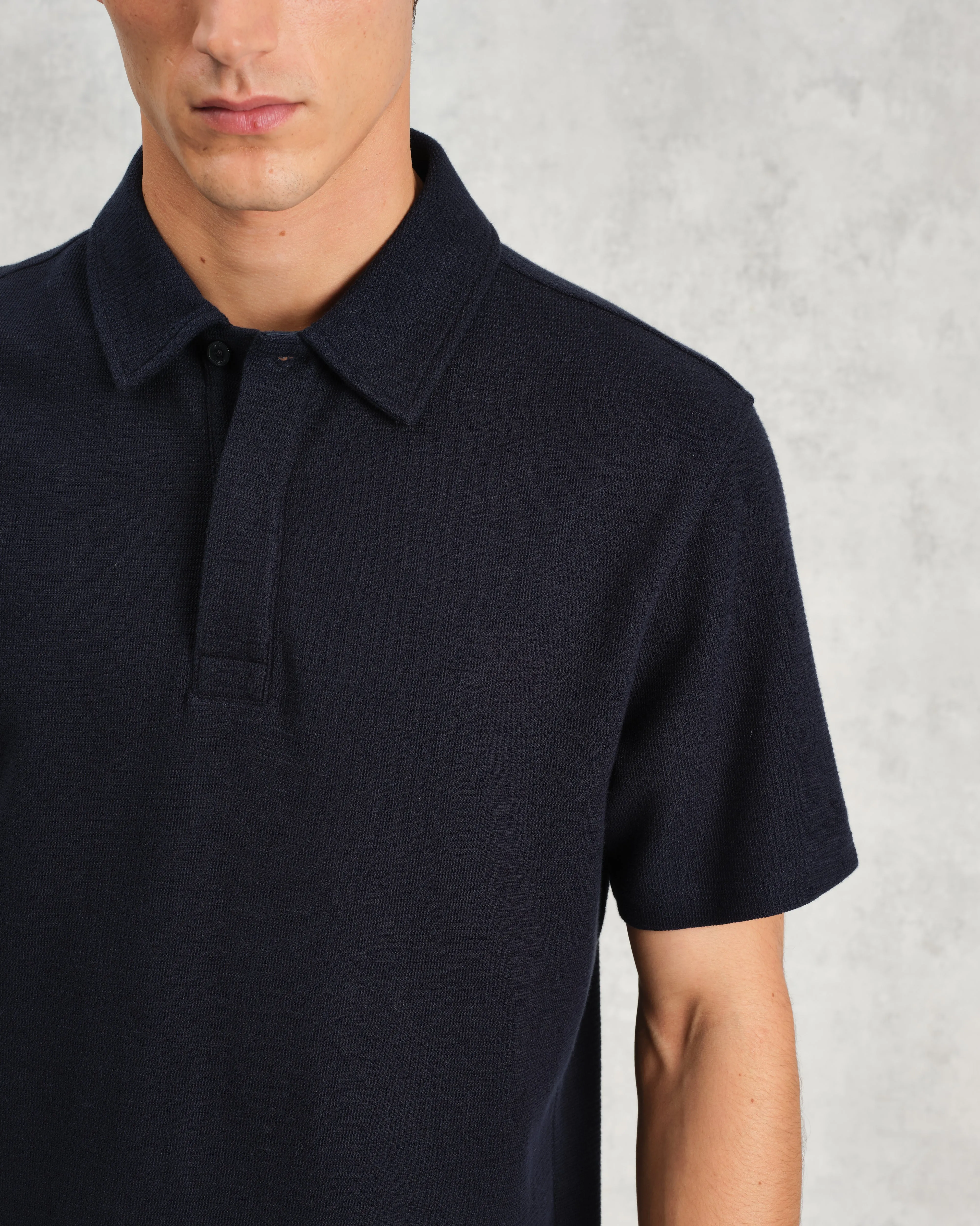 Shore - Navy Textured Organic Cotton Polo Shirt sold by Wax London product image thumbnail 3