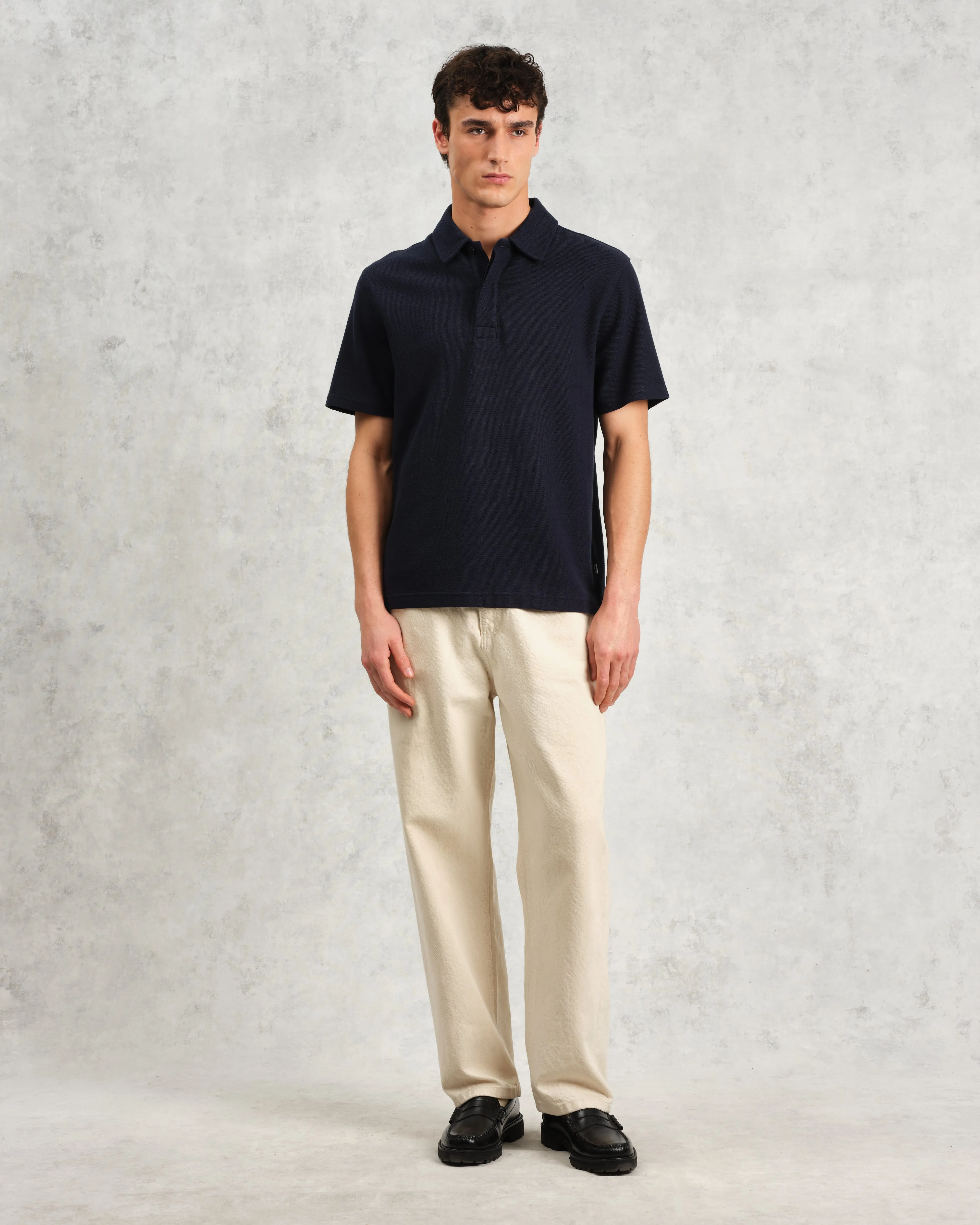 Shore - Navy Textured Organic Cotton Polo Shirt sold by Wax London product image thumbnail 4