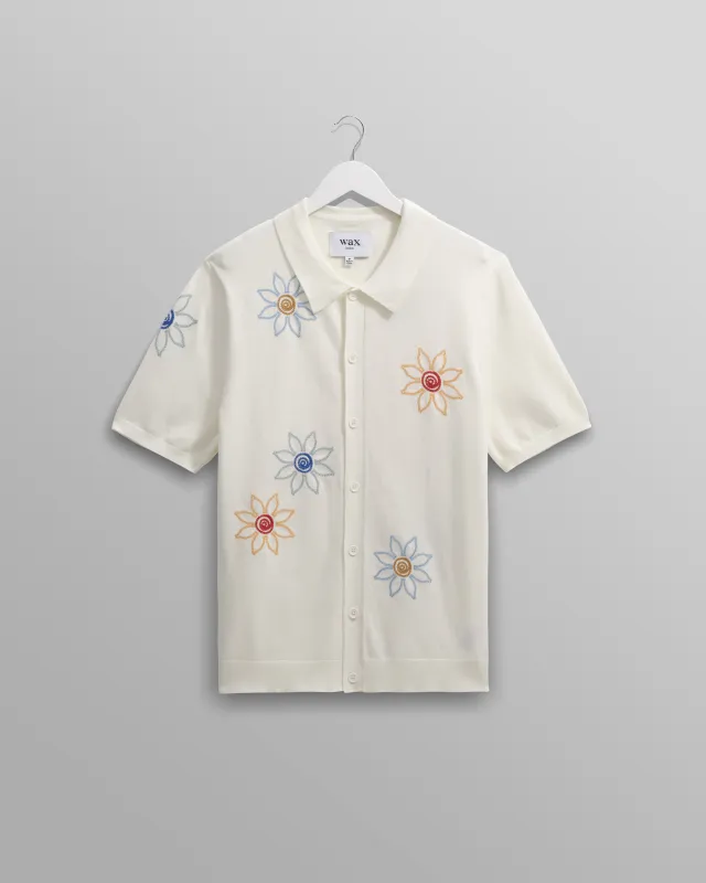 Tellaro - Ecru Embroidered Knitted Cotton Polo Shirt sold by Wax London