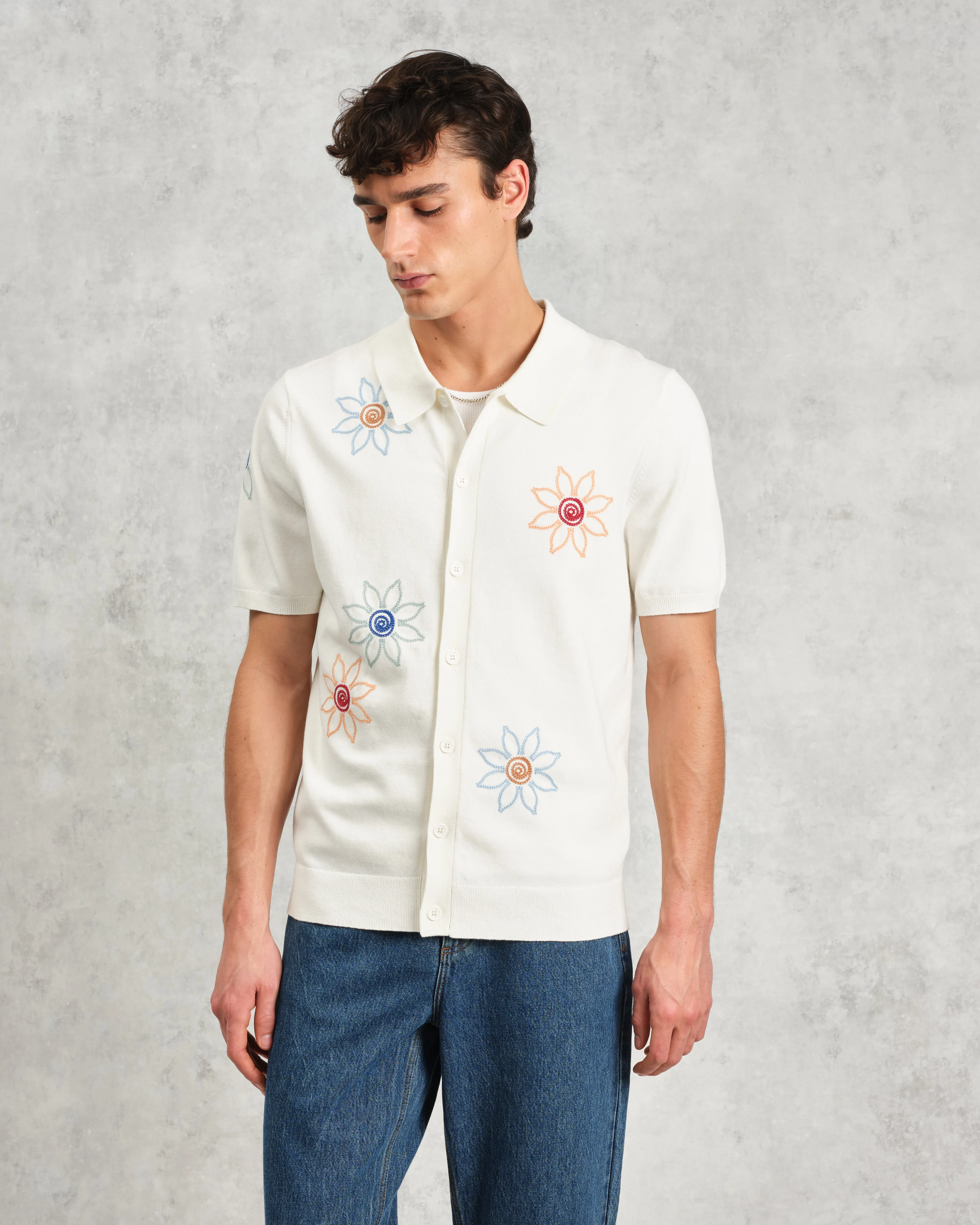 Tellaro - Ecru Embroidered Knitted Cotton Polo Shirt sold by Wax London product image thumbnail 3