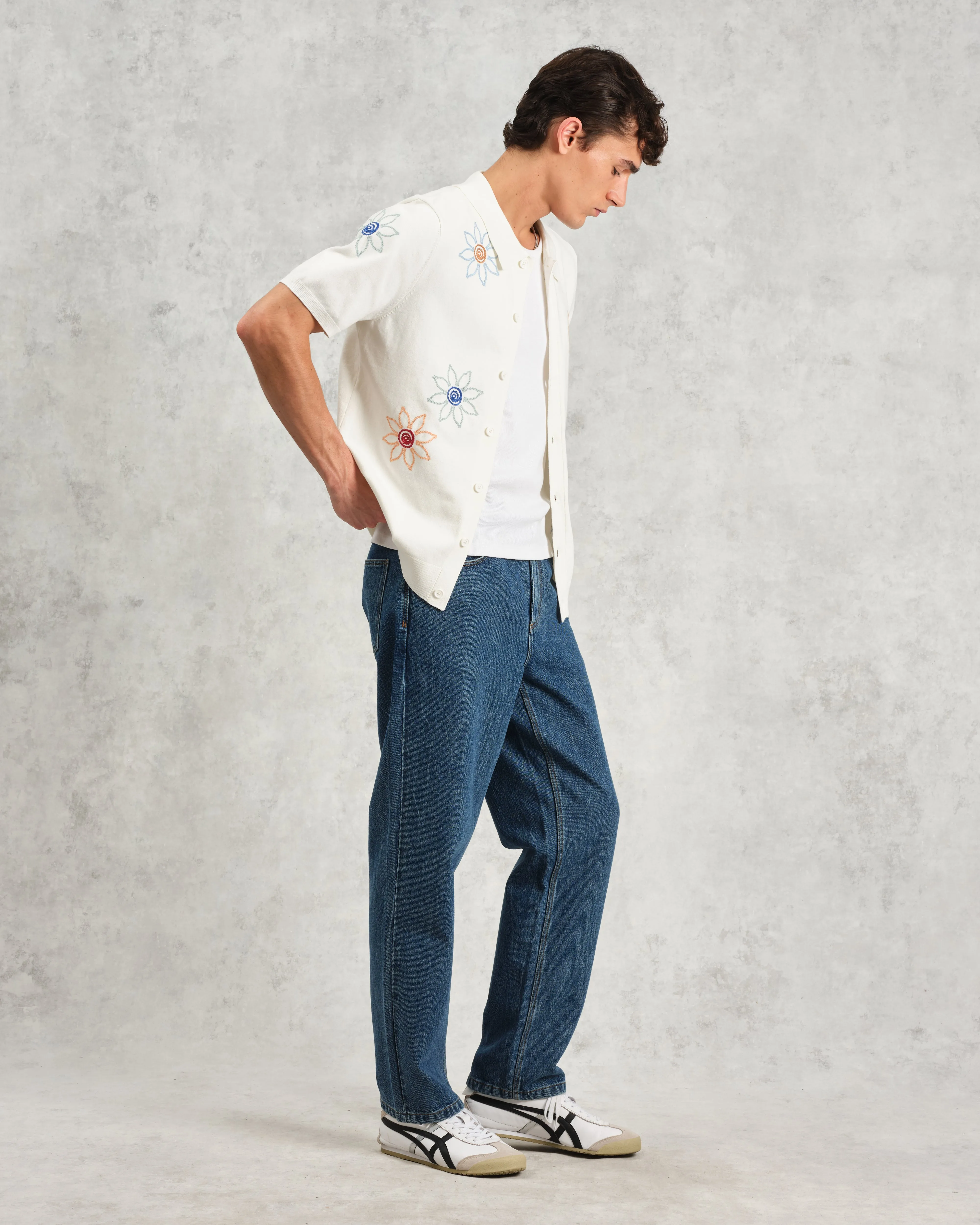 Tellaro - Ecru Embroidered Knitted Cotton Polo Shirt sold by Wax London product image thumbnail 5