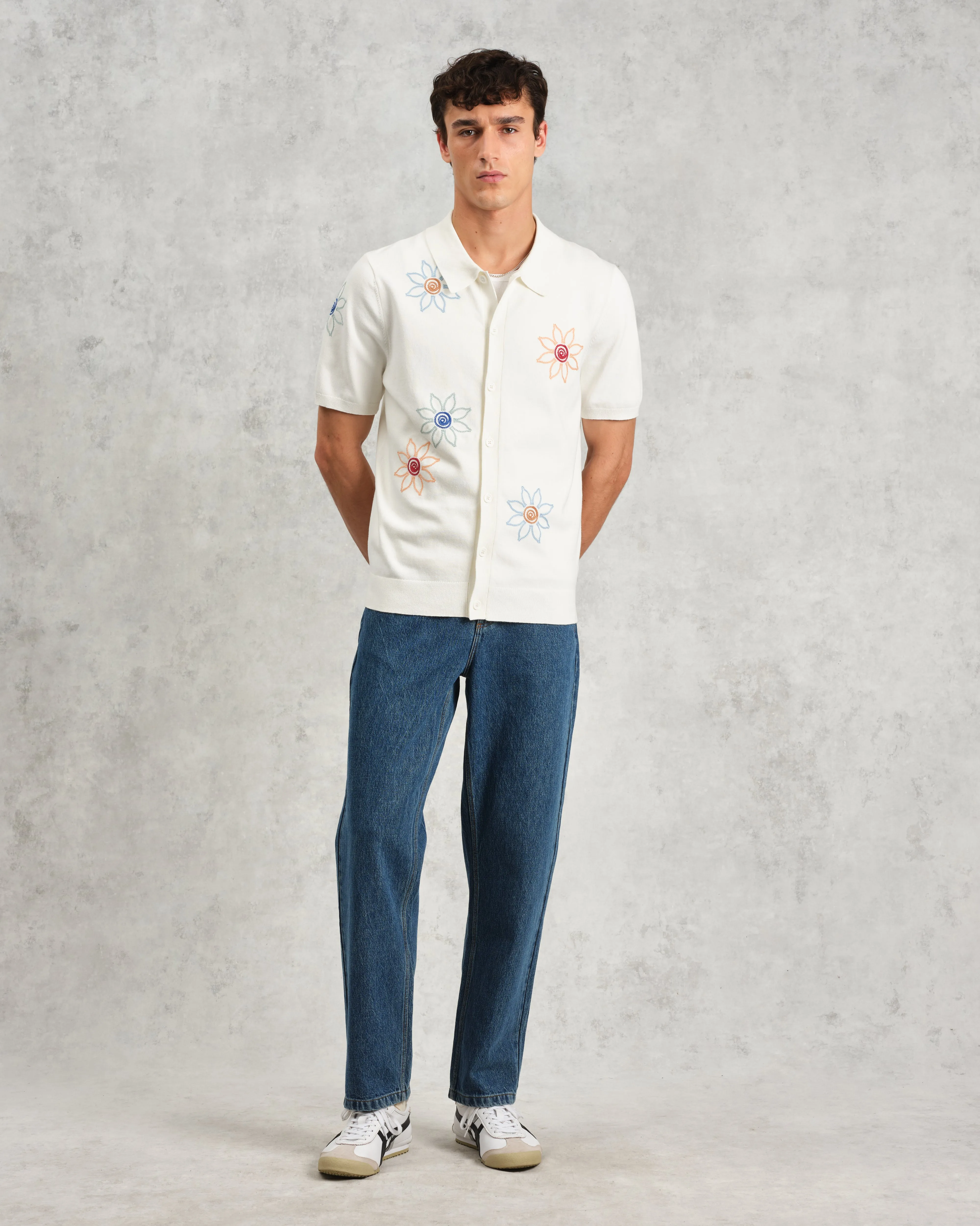 Tellaro - Ecru Embroidered Knitted Cotton Polo Shirt sold by Wax London product image thumbnail 4