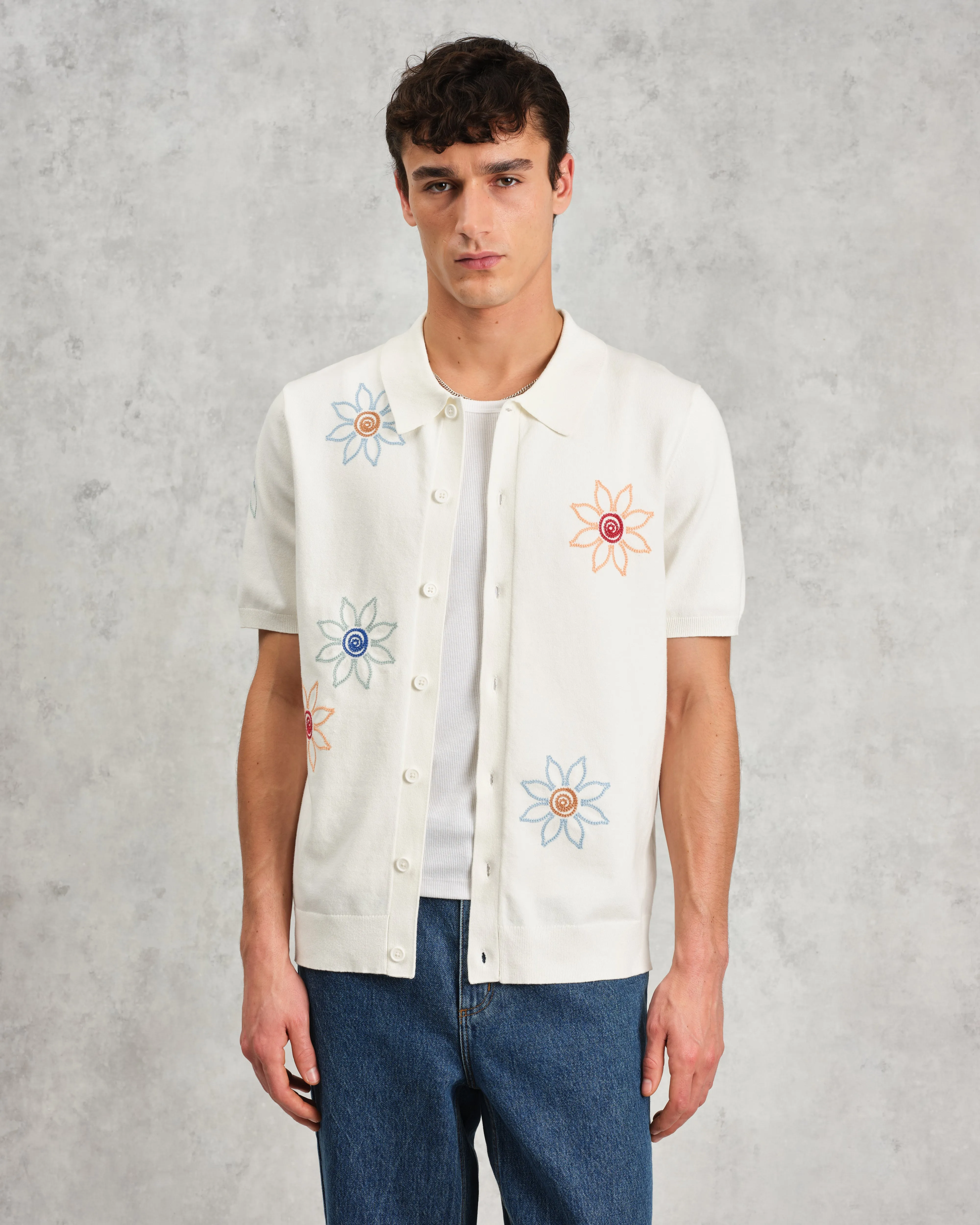 Tellaro - Ecru Embroidered Knitted Cotton Polo Shirt sold by Wax London product image thumbnail 2