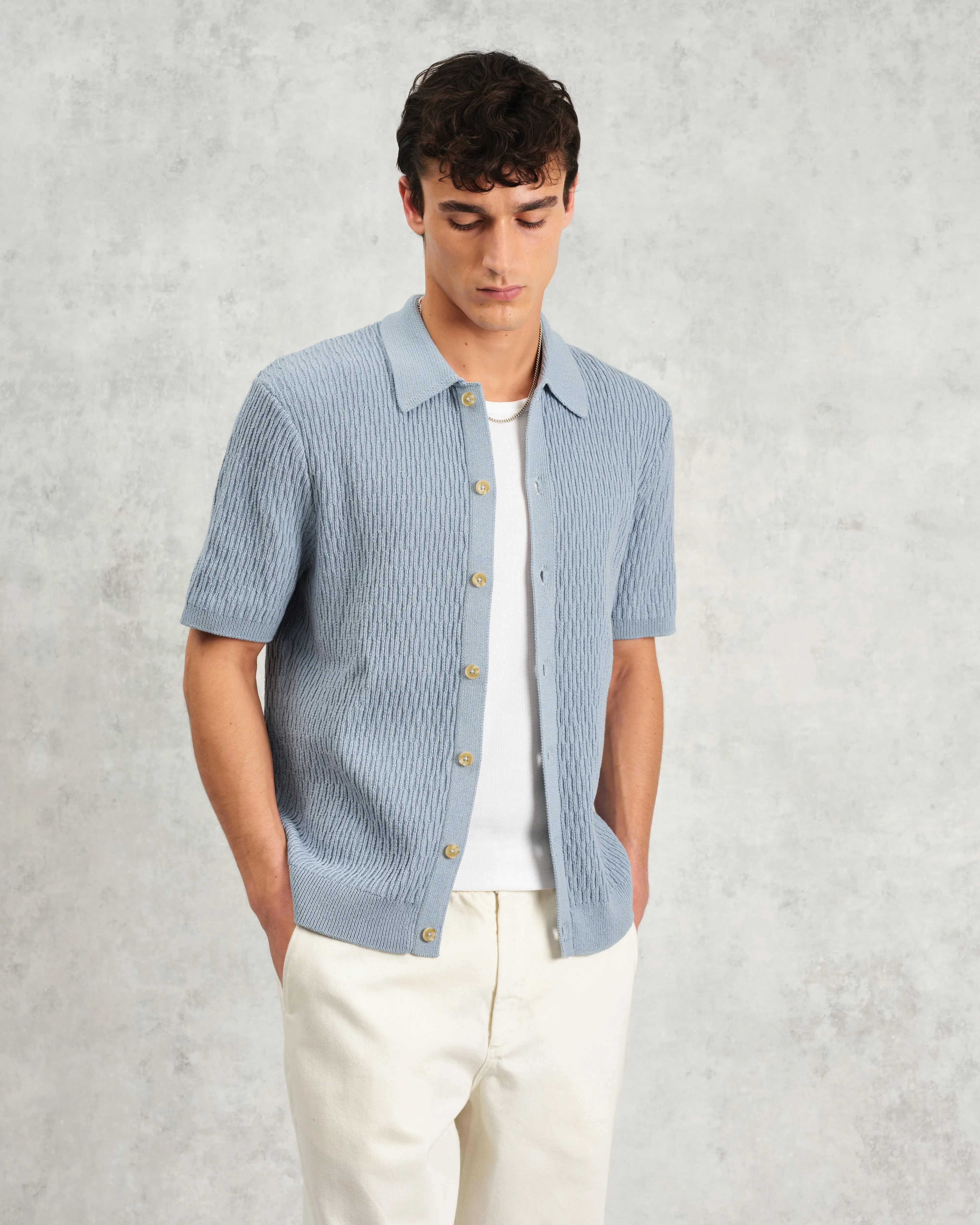 Tellaro - Blue Honeycomb Knitted Cotton Polo Shirt sold by Wax London product image thumbnail 2