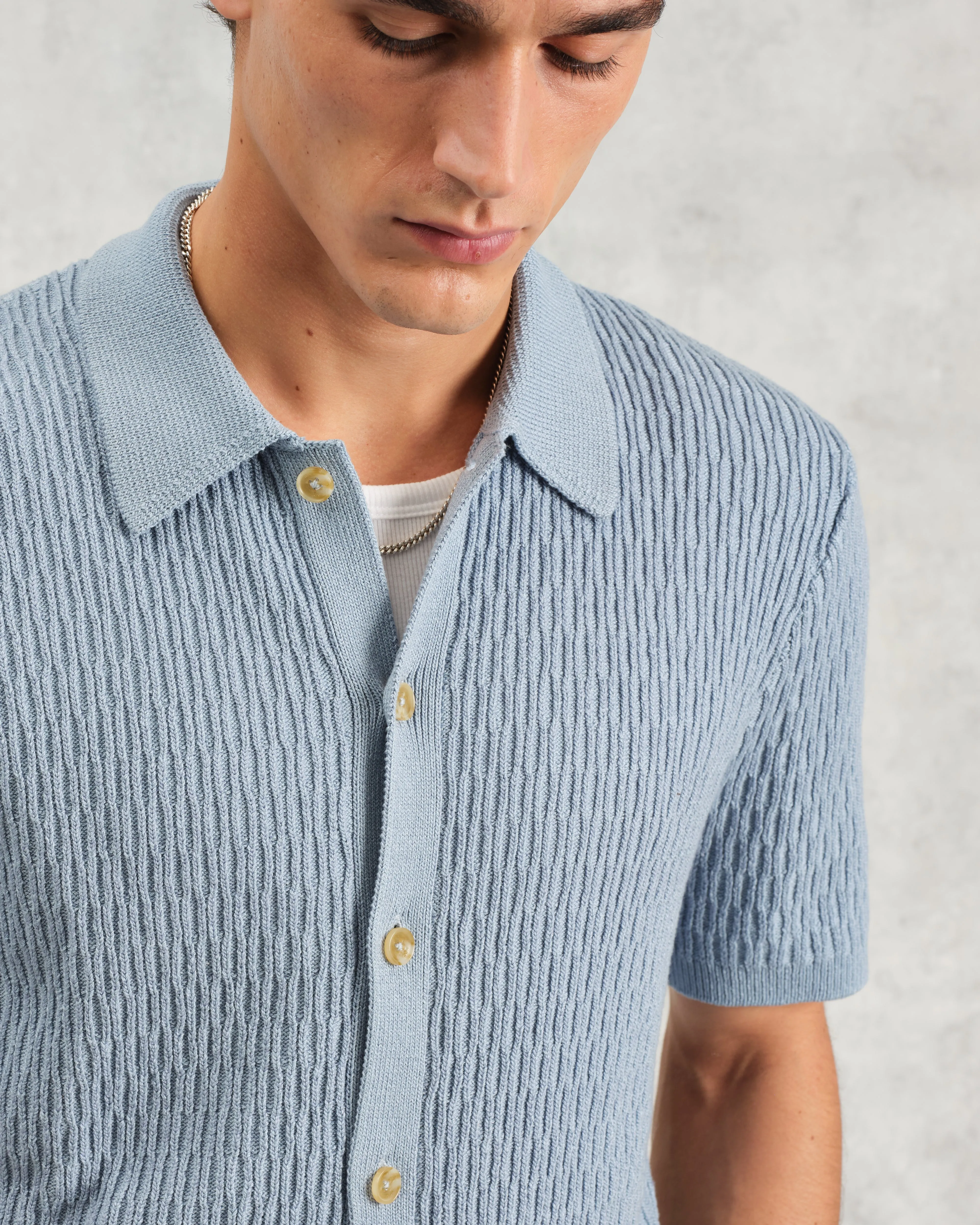 Tellaro - Blue Honeycomb Knitted Cotton Polo Shirt sold by Wax London product image thumbnail 3