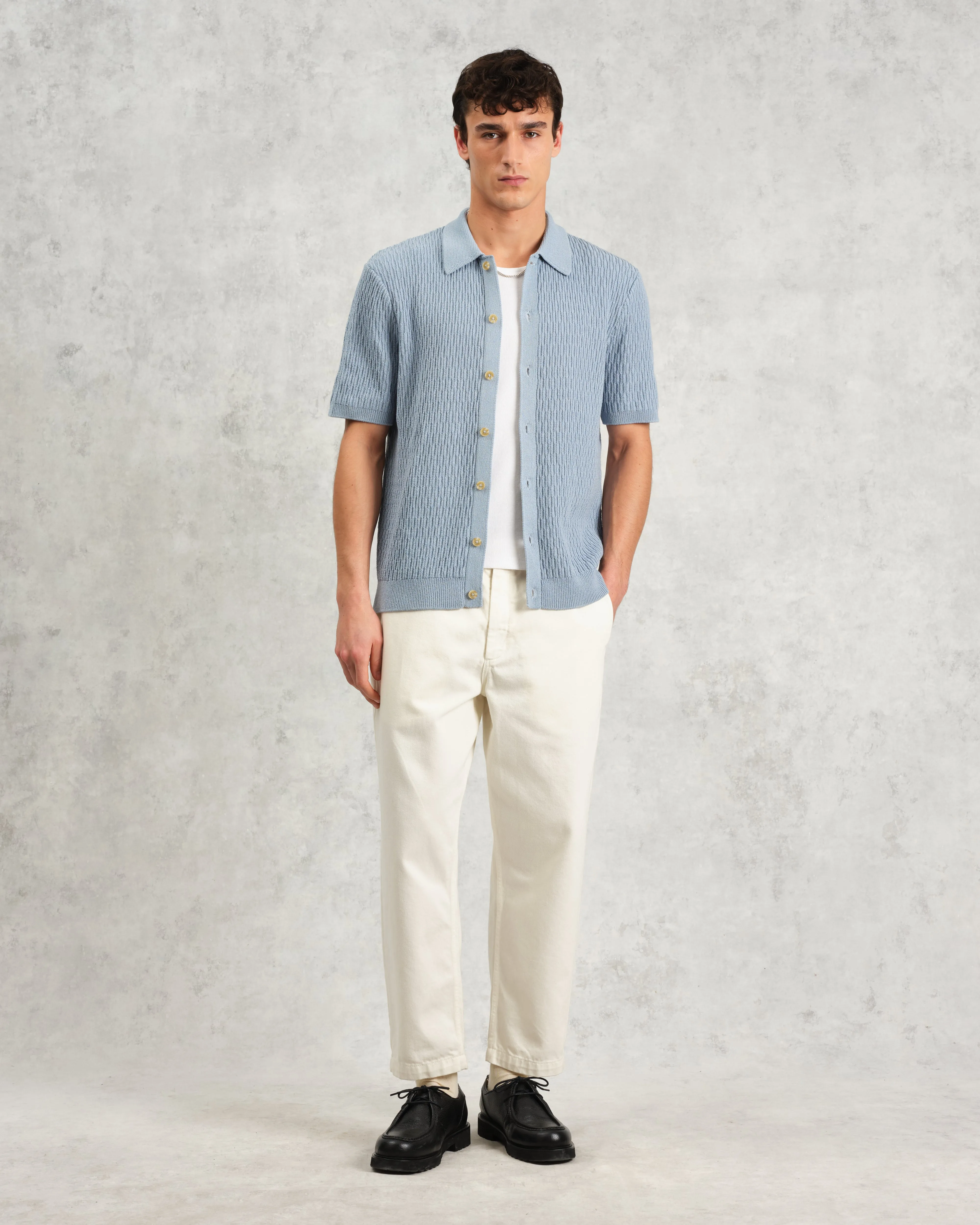 Tellaro - Blue Honeycomb Knitted Cotton Polo Shirt sold by Wax London product image thumbnail 4