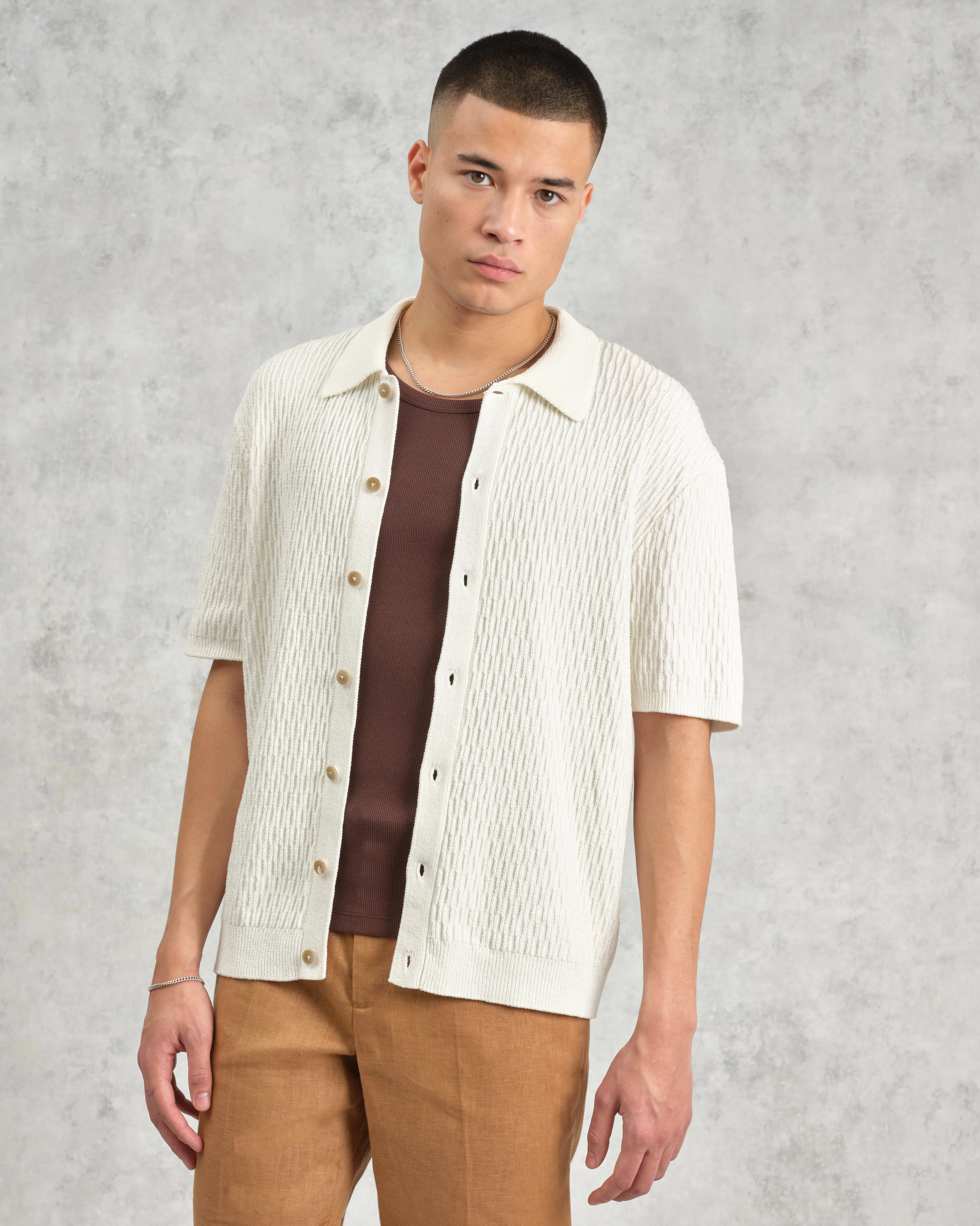 Tellaro - Ecru Honeycomb Knitted Cotton Polo Shirt sold by Wax London product image thumbnail 2