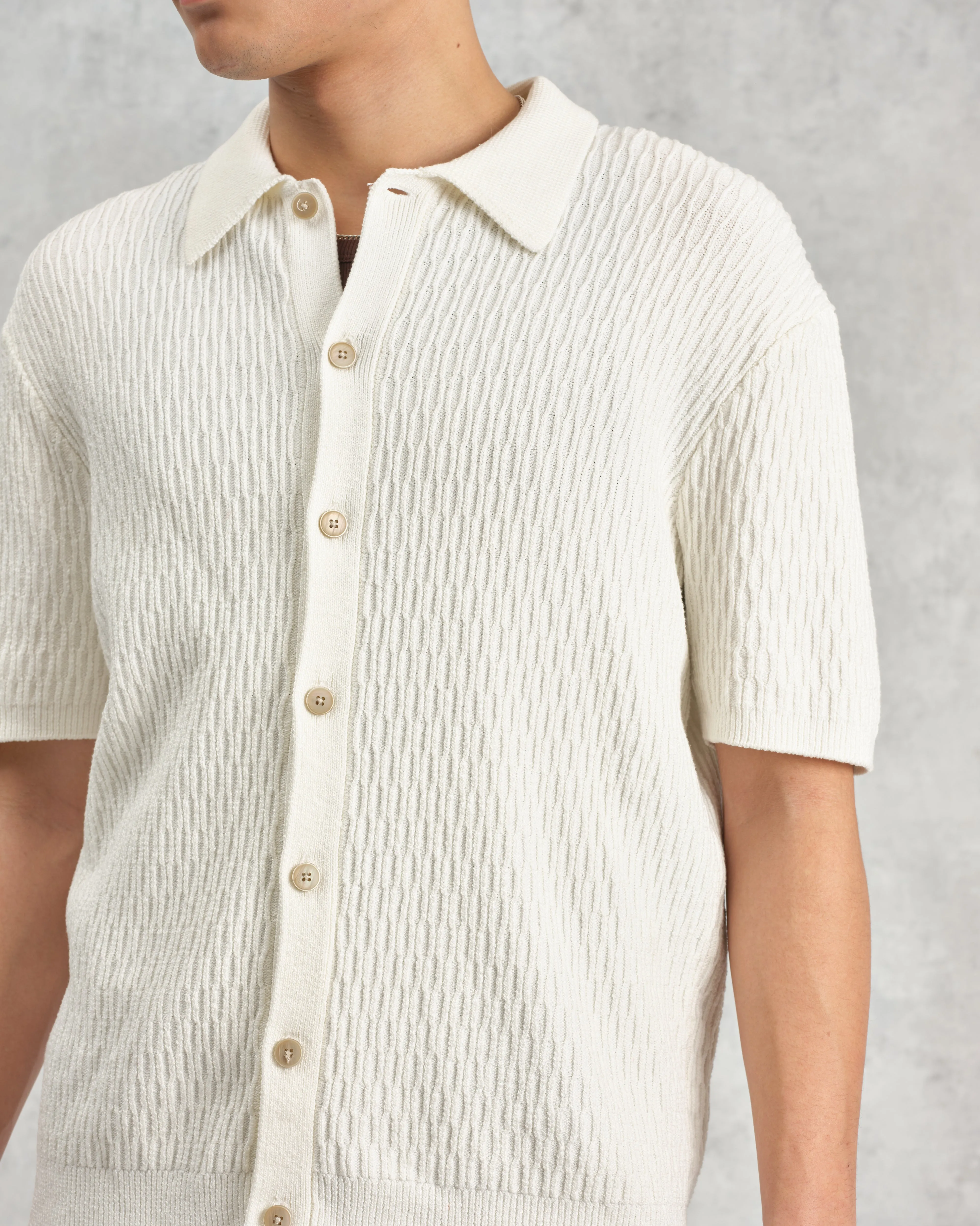 Tellaro - Ecru Honeycomb Knitted Cotton Polo Shirt sold by Wax London product image thumbnail 3