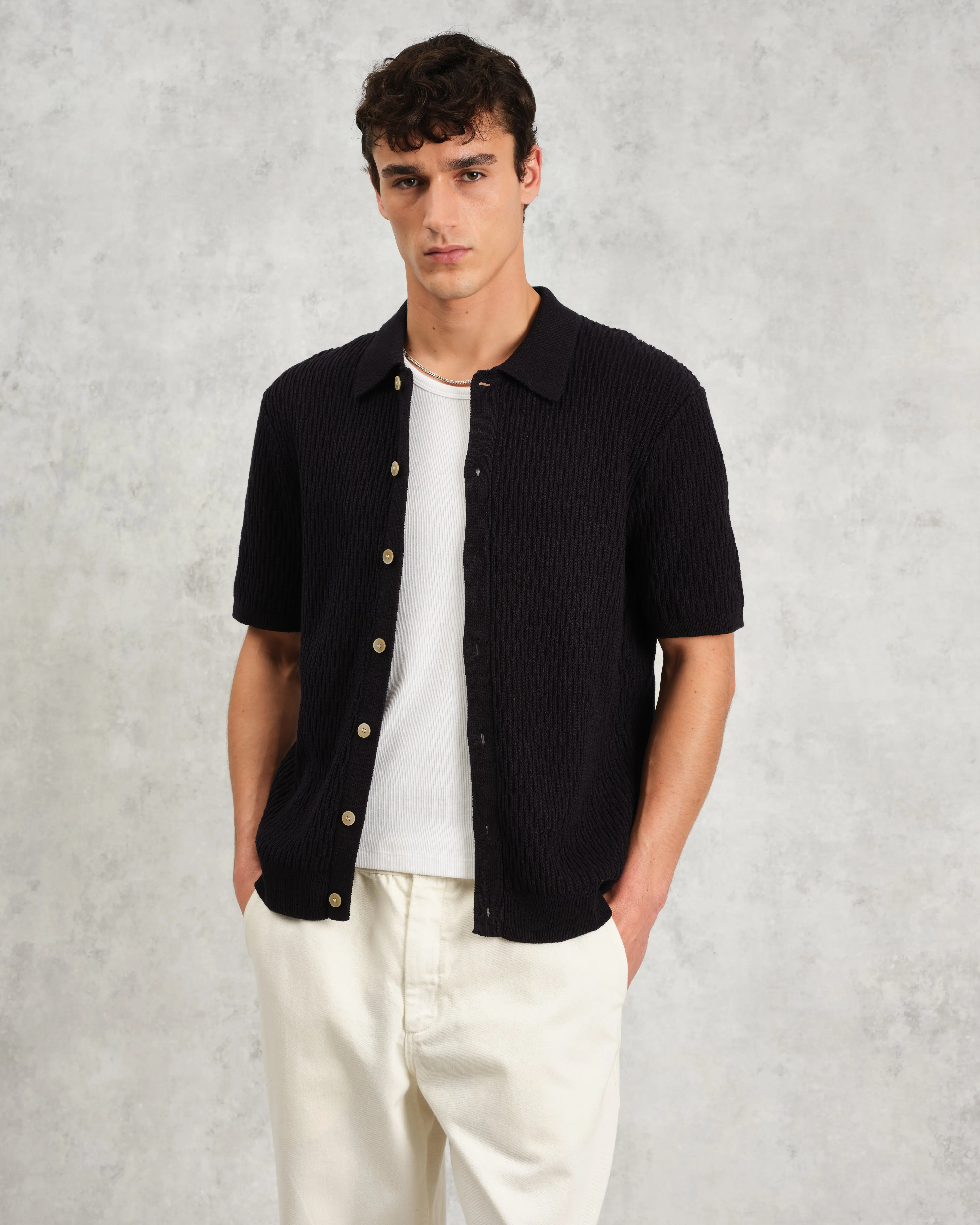 Tellaro - Navy Honeycomb Knitted Cotton Polo Shirt sold by Wax London product image thumbnail 2