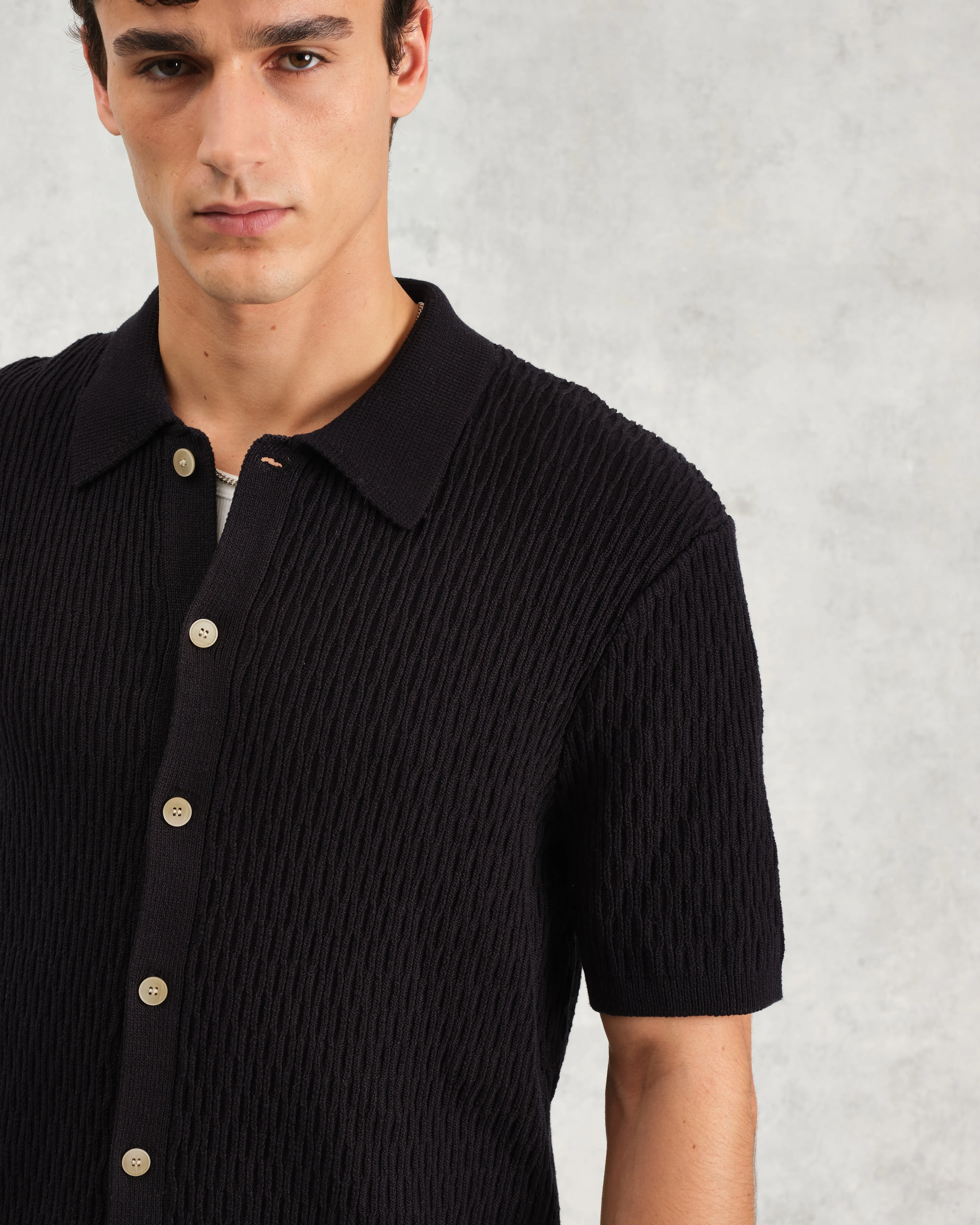 Tellaro - Navy Honeycomb Knitted Cotton Polo Shirt sold by Wax London product image thumbnail 3