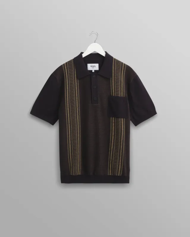 Turin - Navy And Khaki Retro Stripe Knitted Cotton Polo sold by Wax London